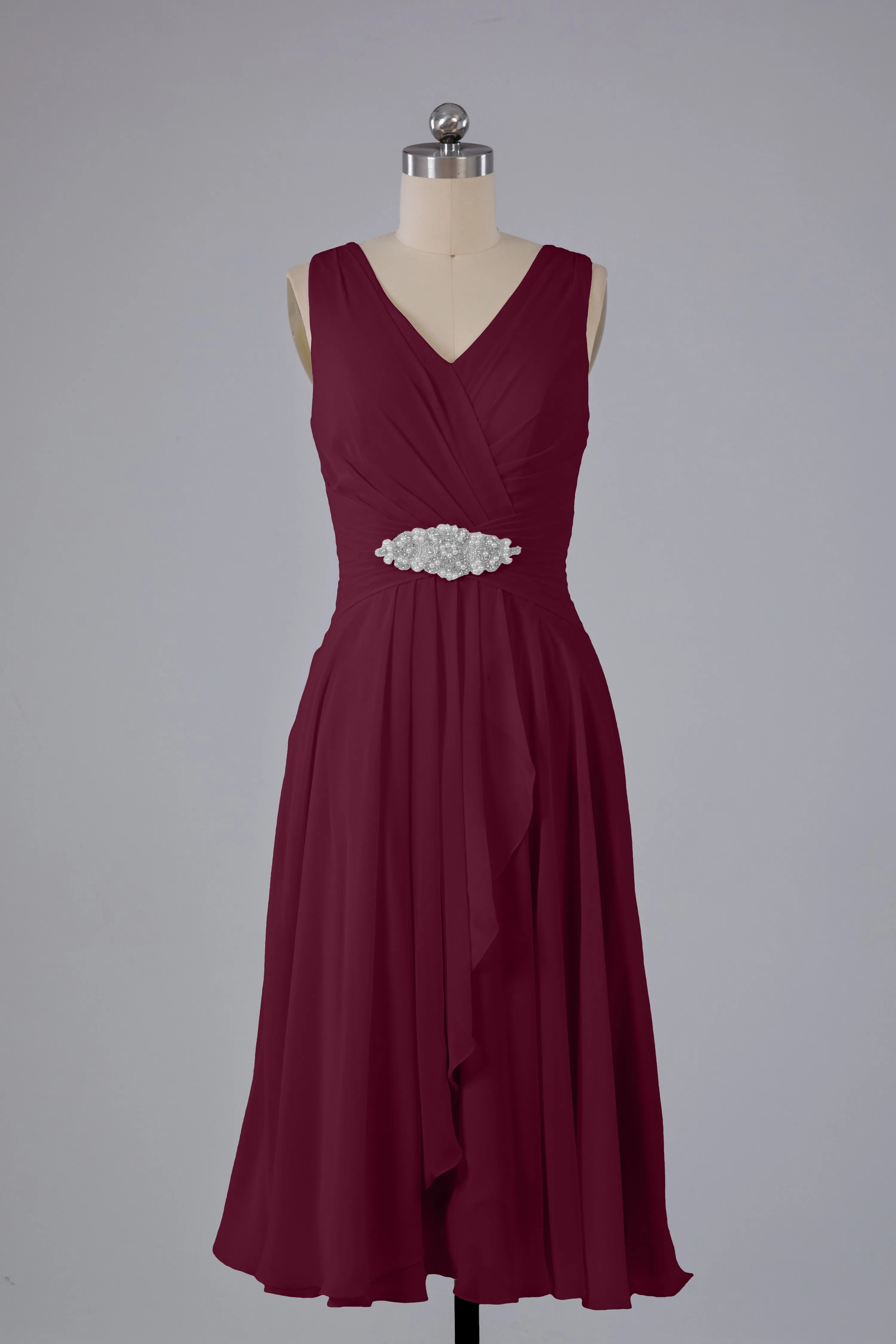 Simple V Neck Knee Length Bridesmaid Dresses with Pearls