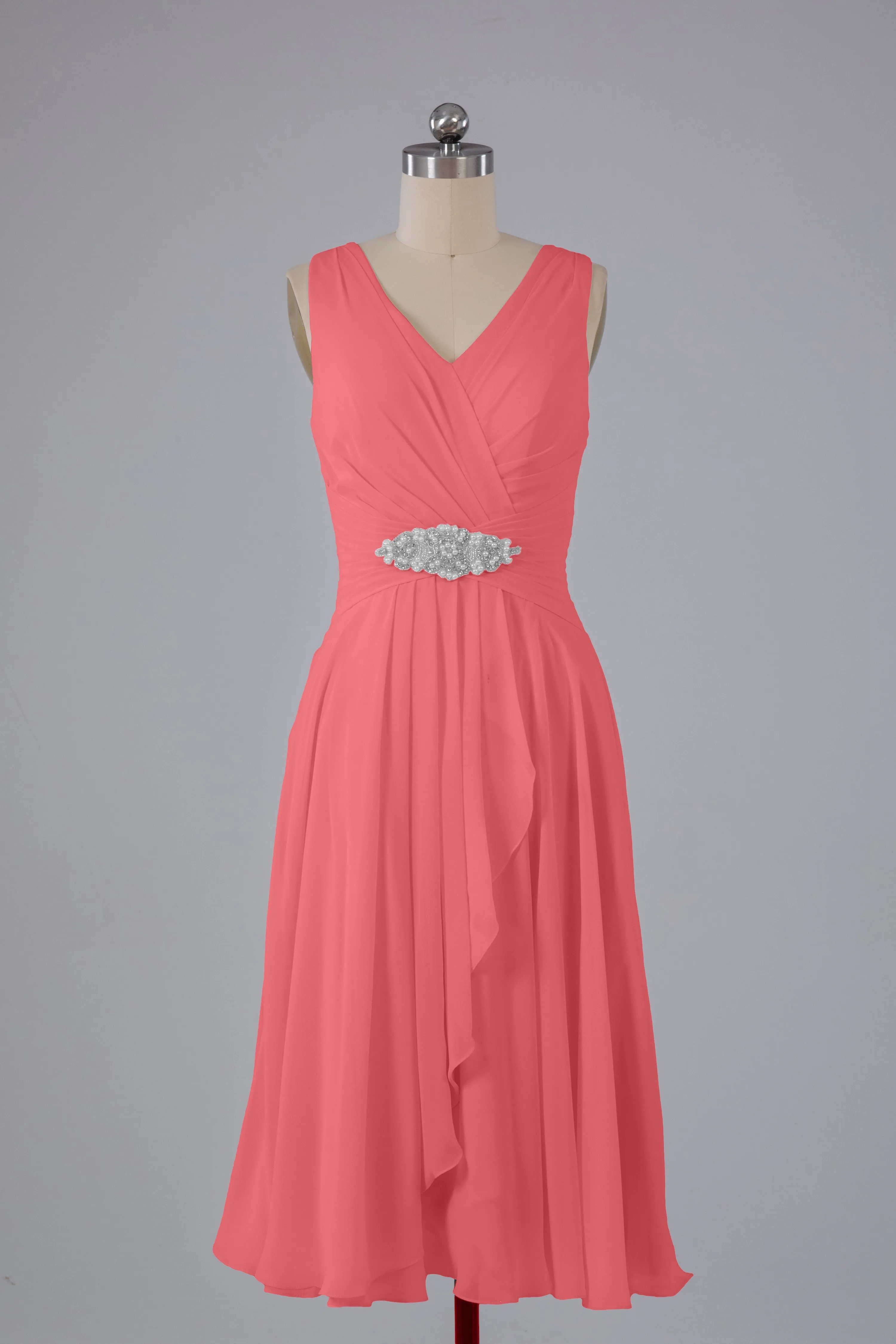 Simple V Neck Knee Length Bridesmaid Dresses with Pearls