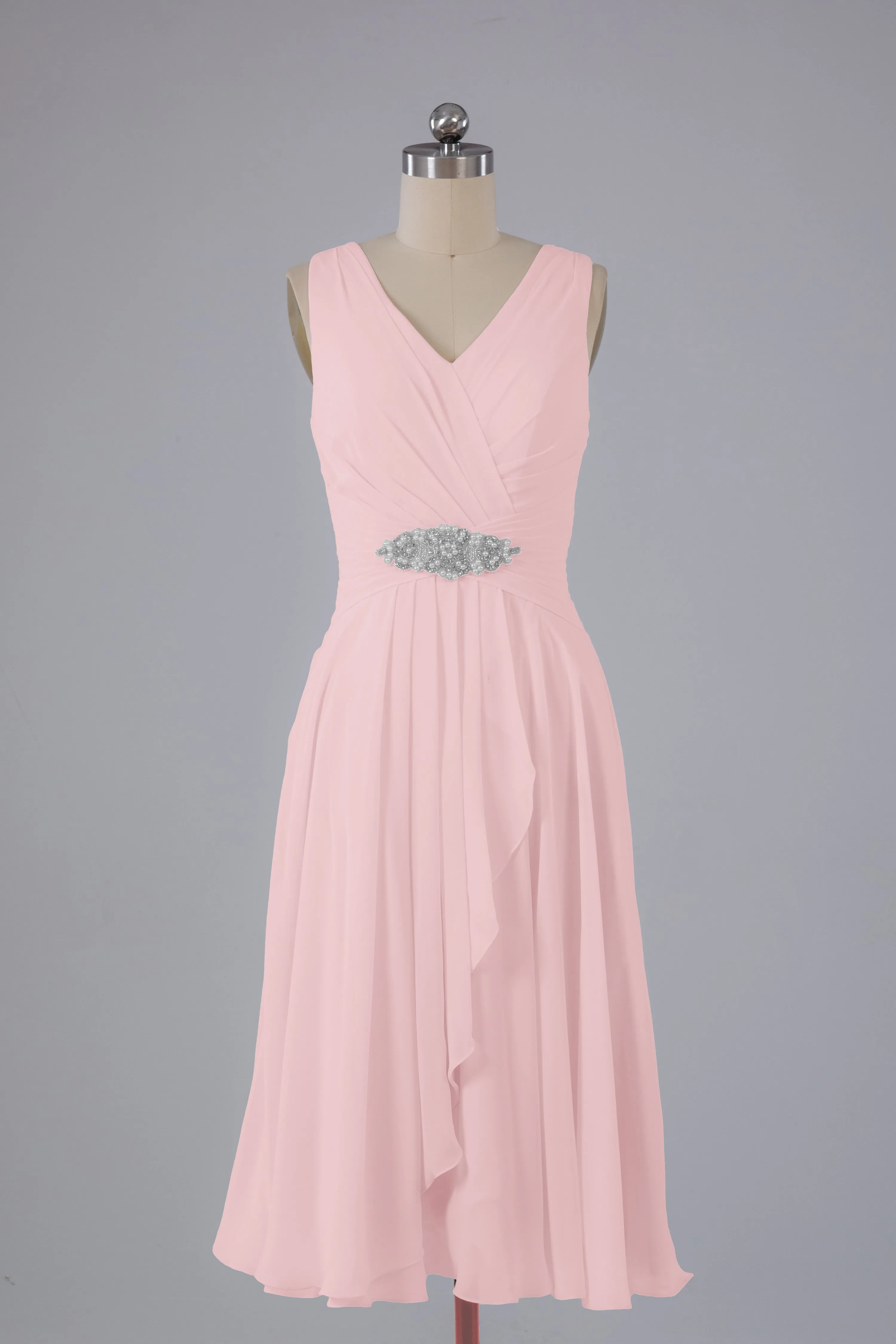 Simple V Neck Knee Length Bridesmaid Dresses with Pearls