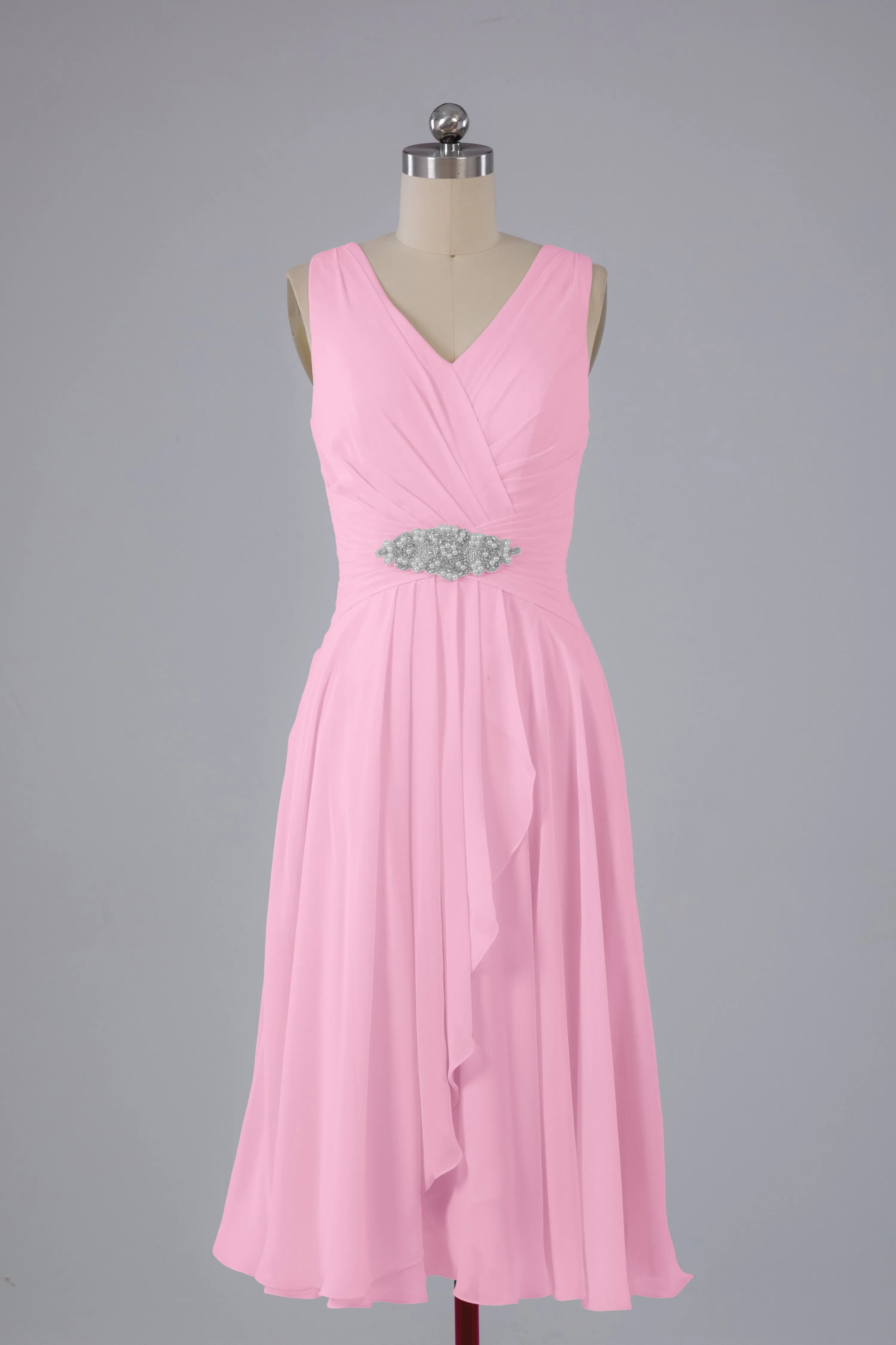 Simple V Neck Knee Length Bridesmaid Dresses with Pearls