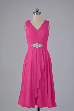 Simple V Neck Knee Length Bridesmaid Dresses with Pearls