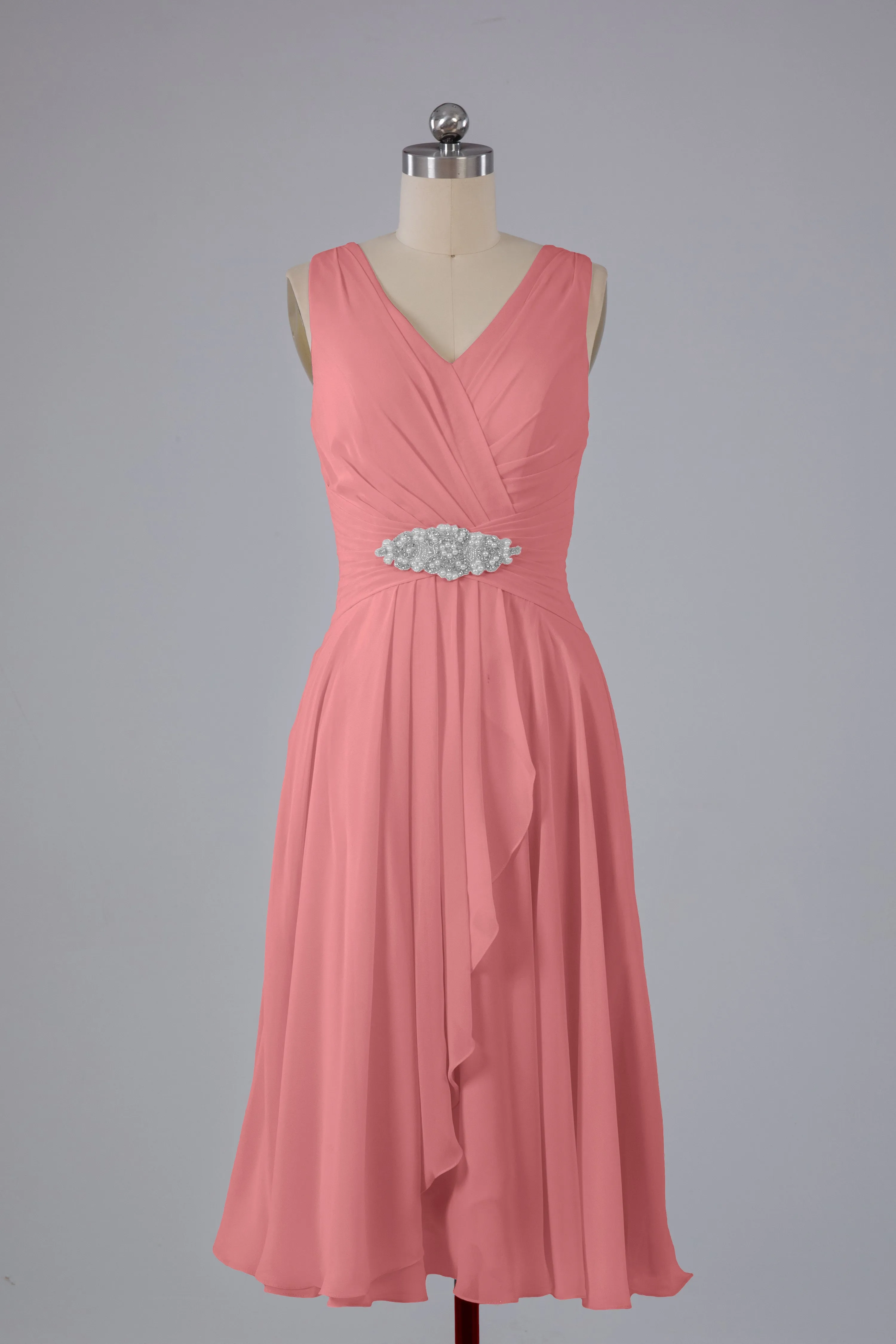 Simple V Neck Knee Length Bridesmaid Dresses with Pearls