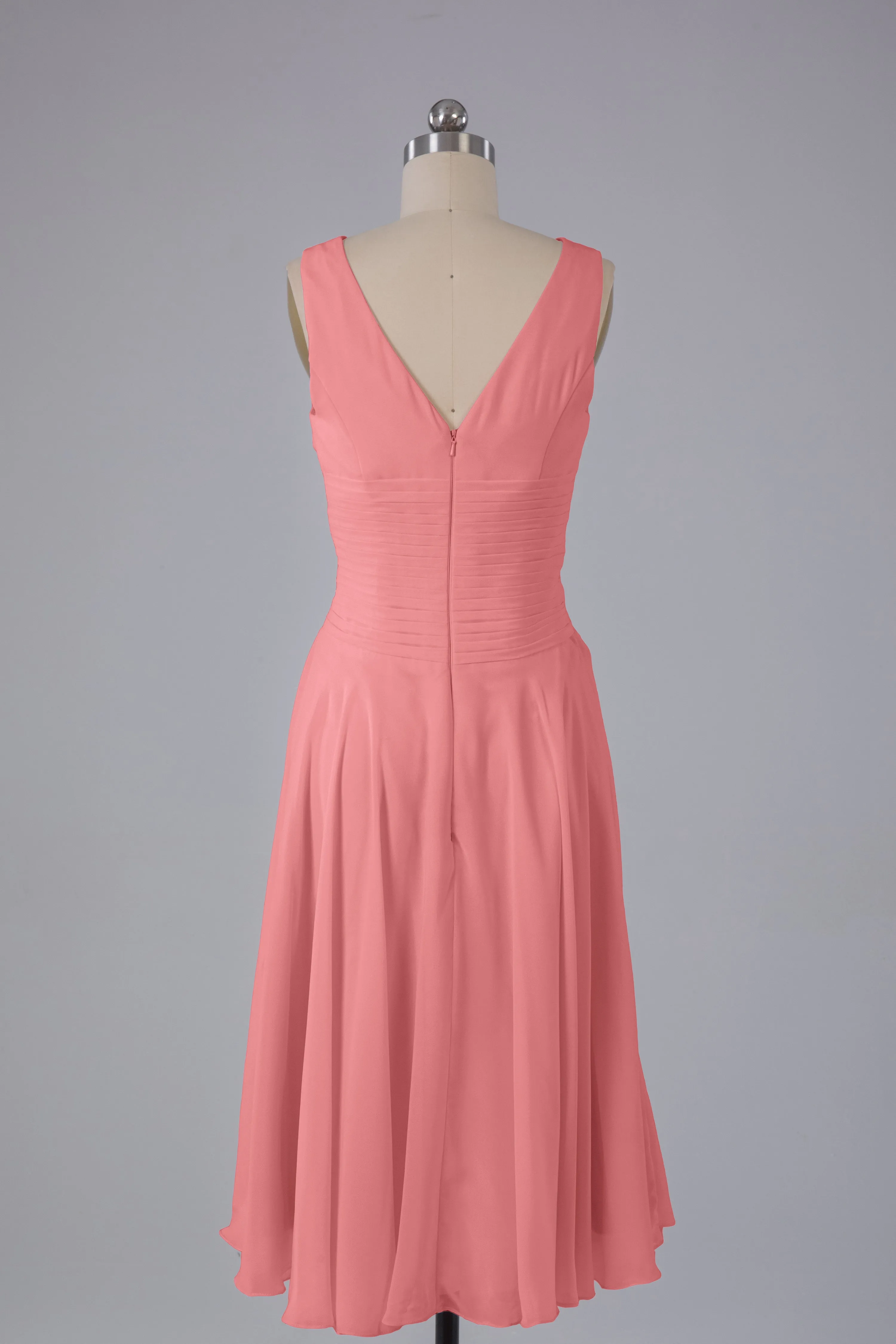 Simple V Neck Knee Length Bridesmaid Dresses with Pearls