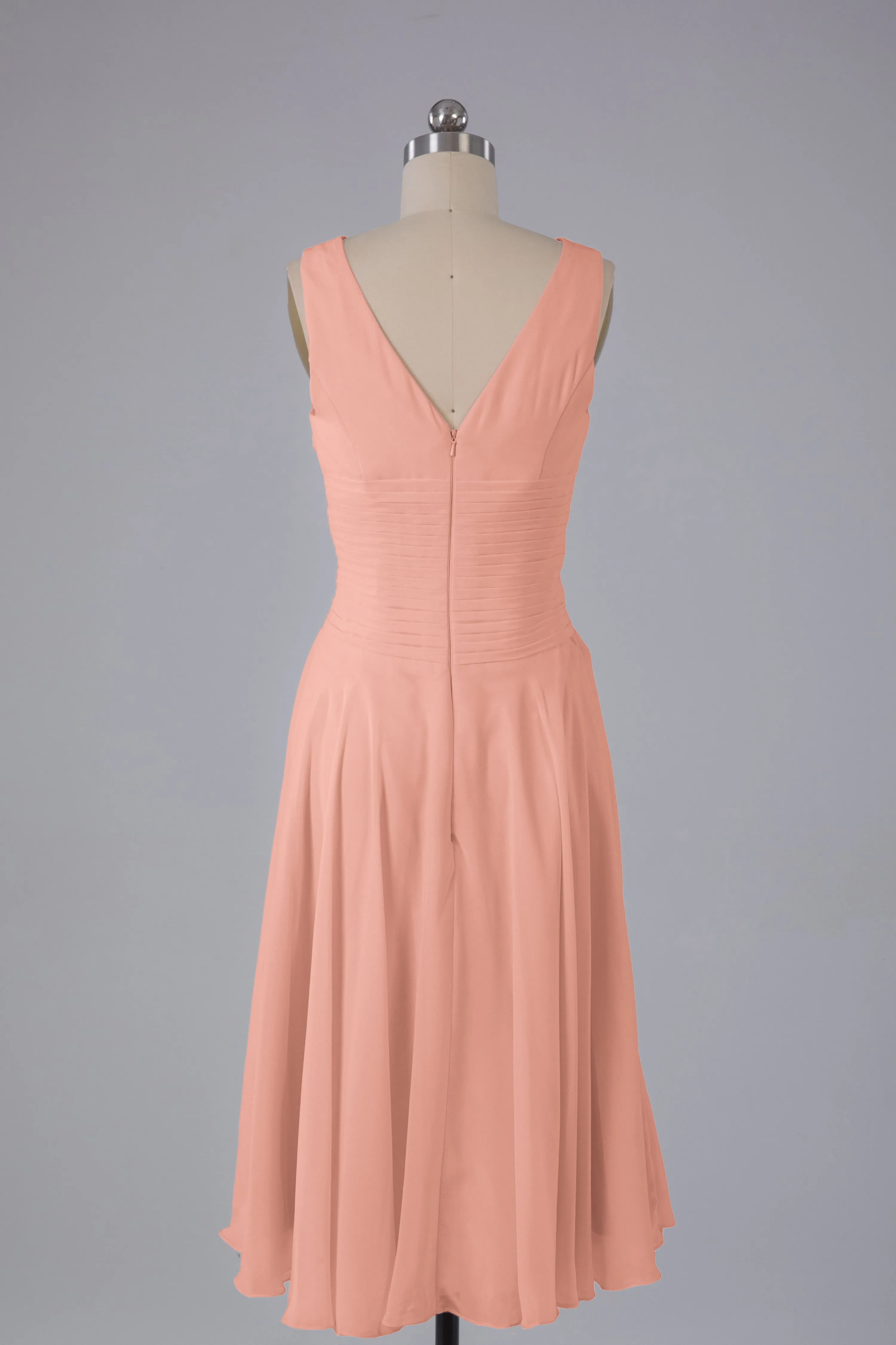 Simple V Neck Knee Length Bridesmaid Dresses with Pearls