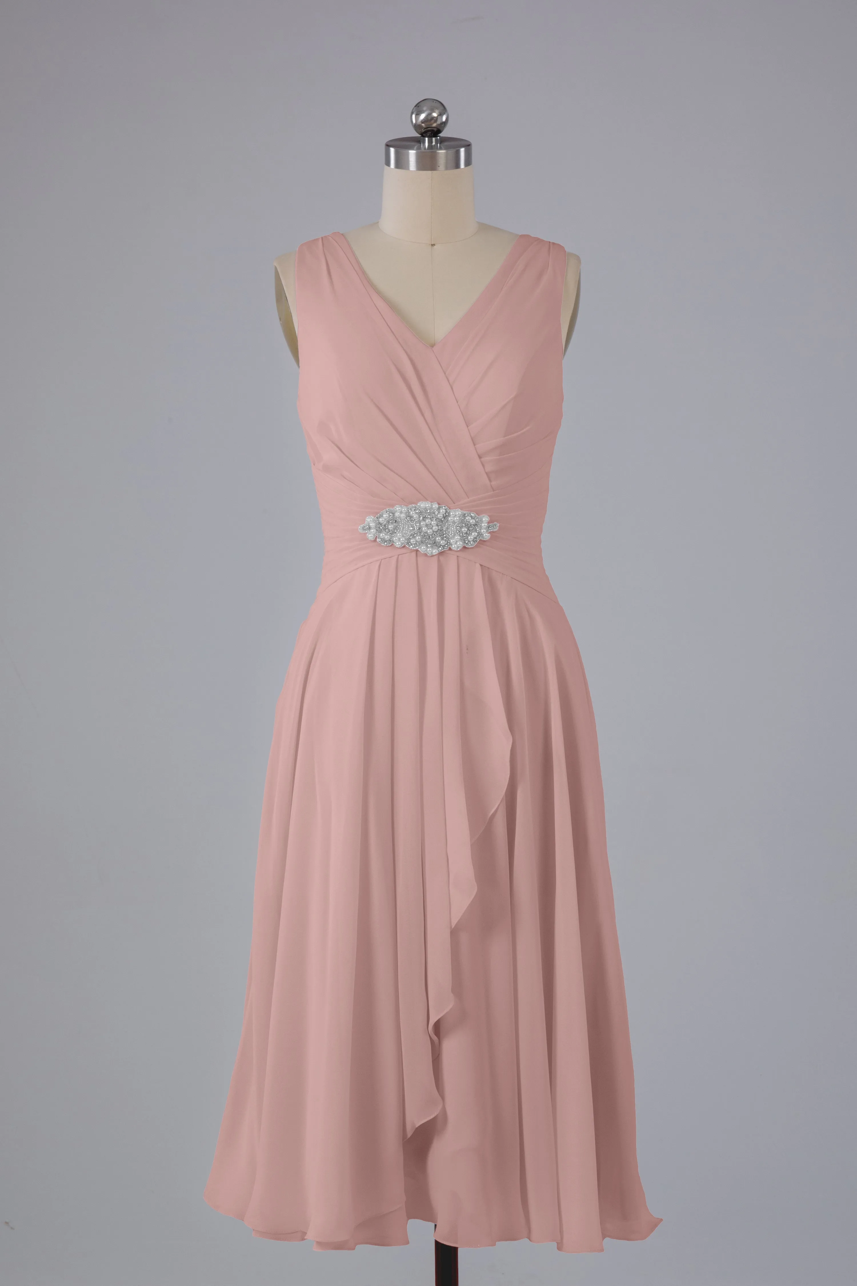 Simple V Neck Knee Length Bridesmaid Dresses with Pearls
