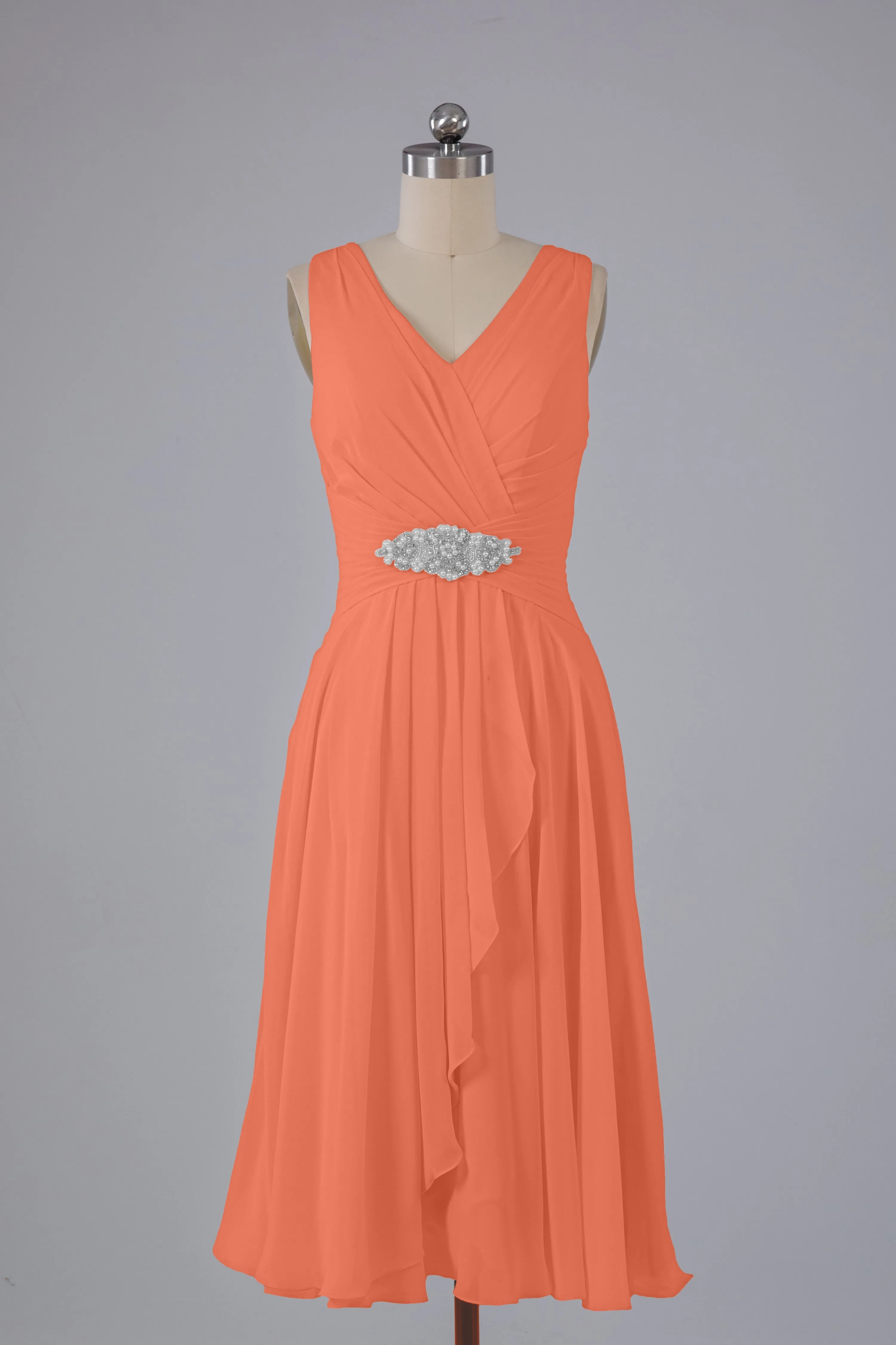 Simple V Neck Knee Length Bridesmaid Dresses with Pearls