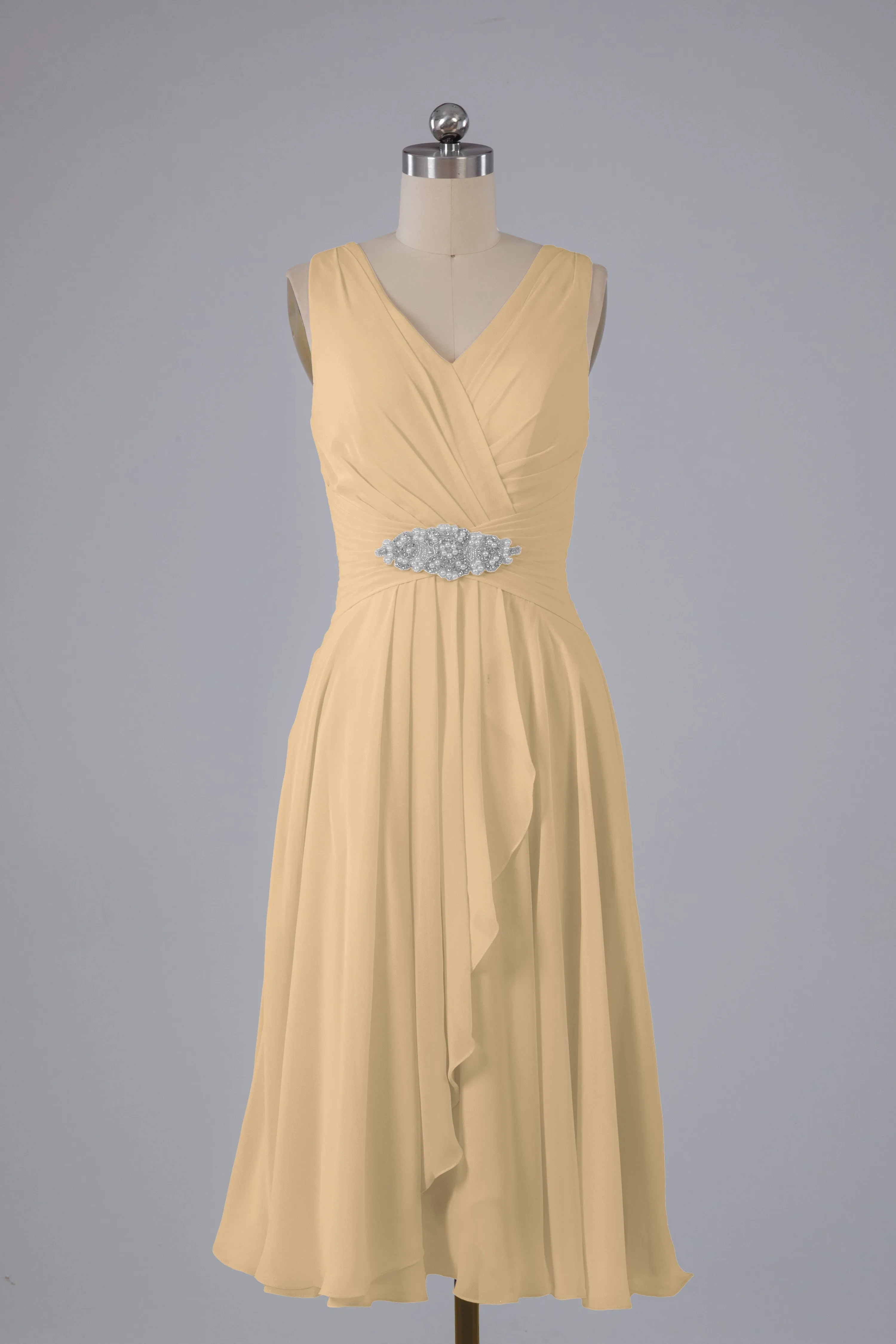 Simple V Neck Knee Length Bridesmaid Dresses with Pearls