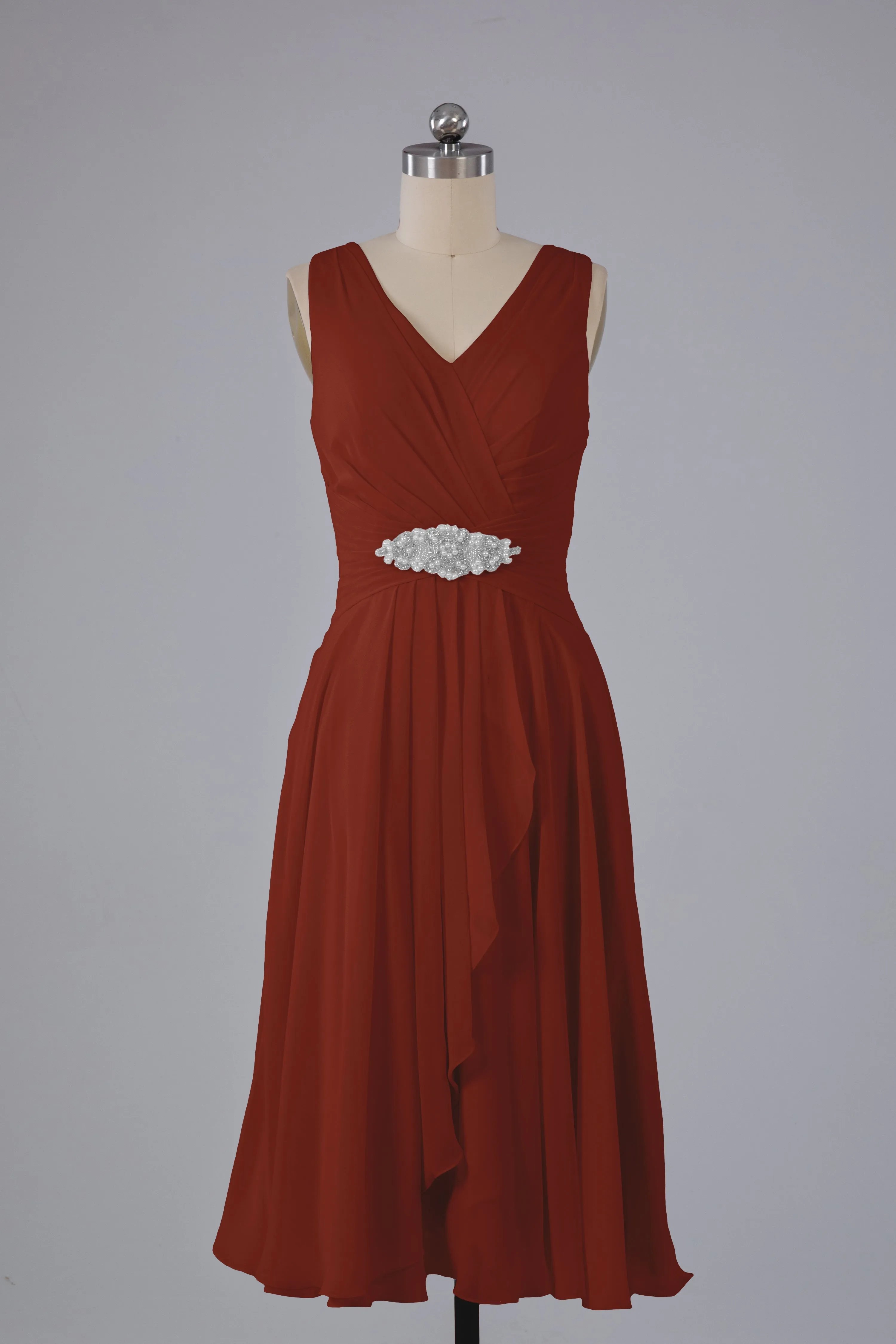 Simple V Neck Knee Length Bridesmaid Dresses with Pearls
