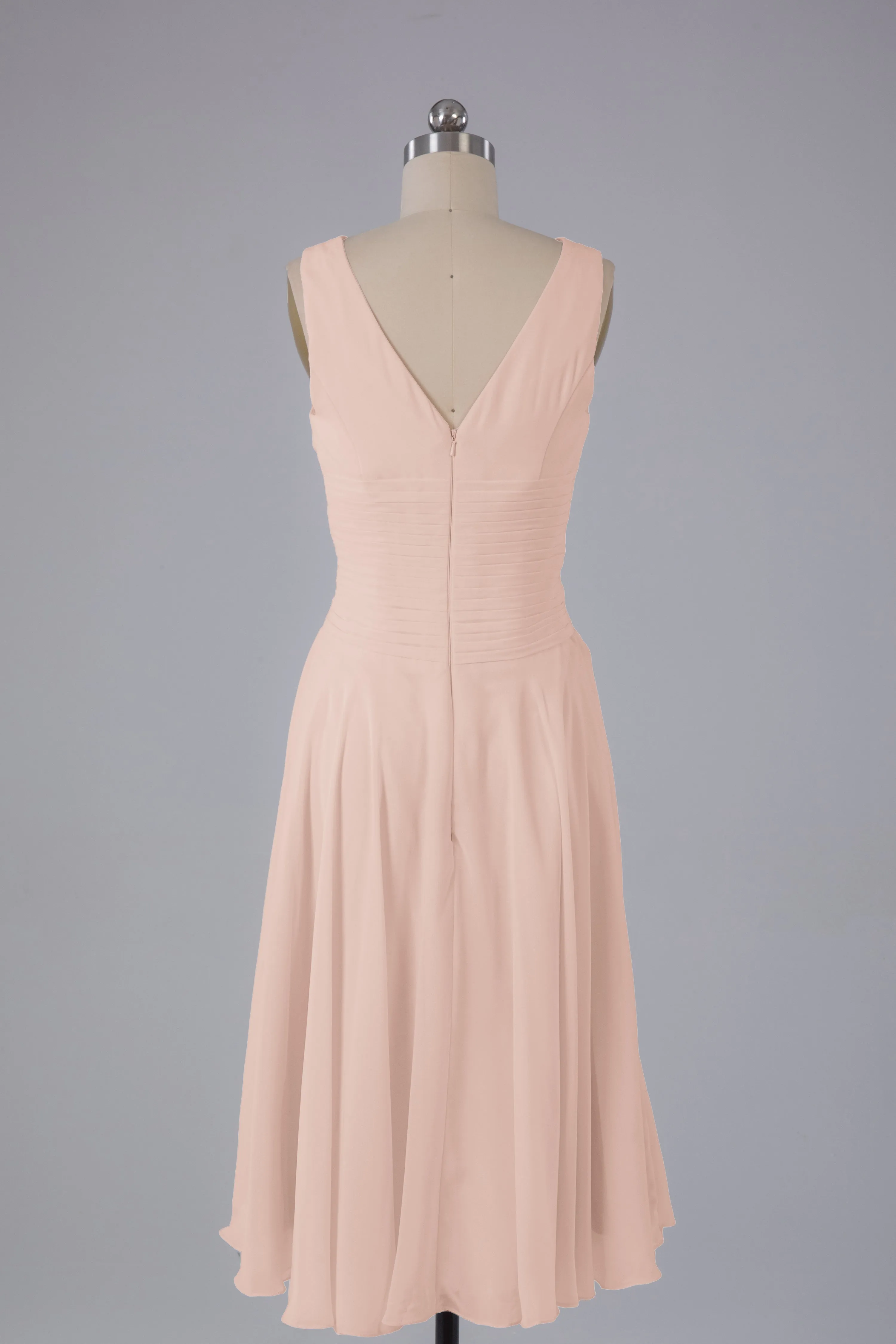 Simple V Neck Knee Length Bridesmaid Dresses with Pearls