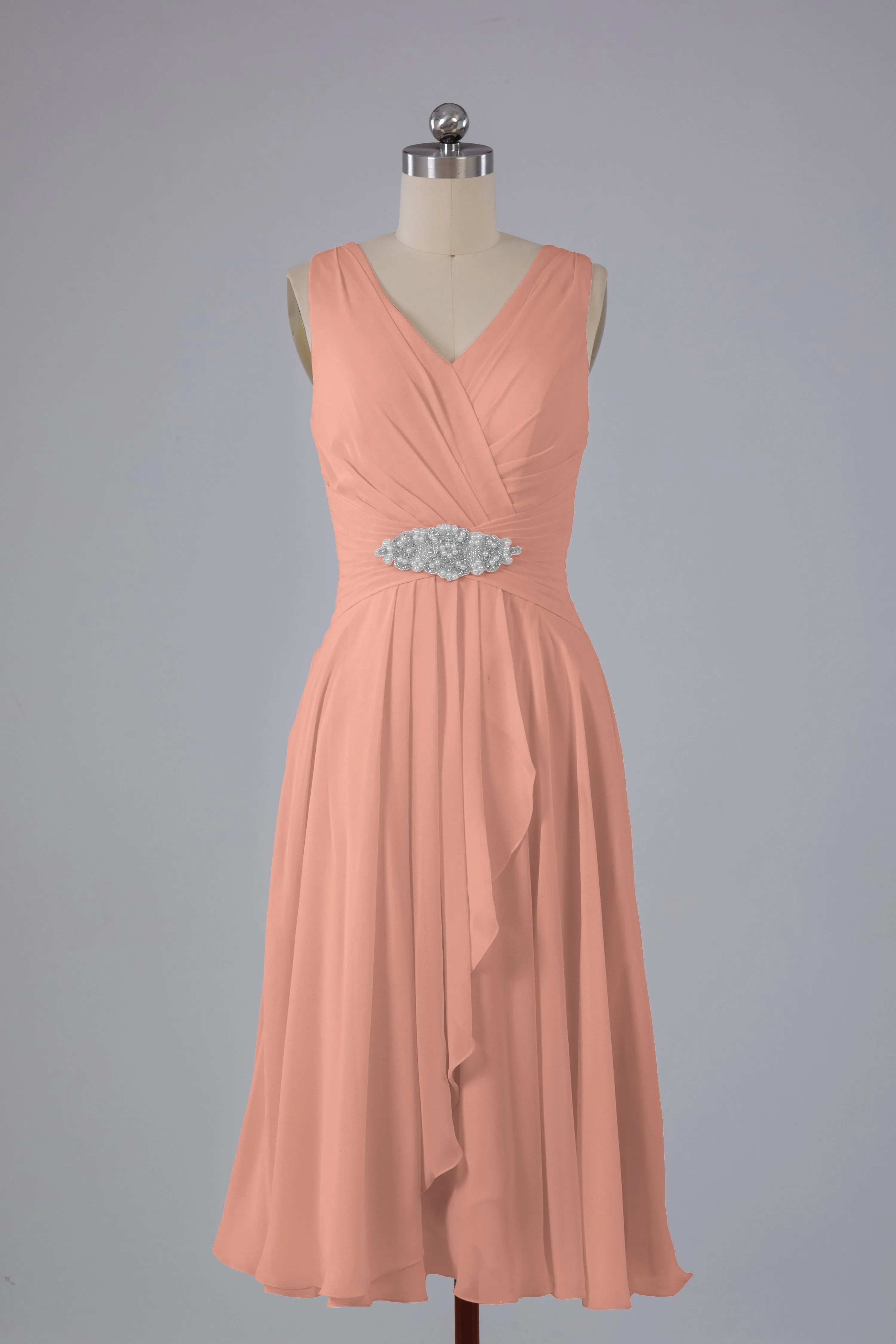 Simple V Neck Knee Length Bridesmaid Dresses with Pearls