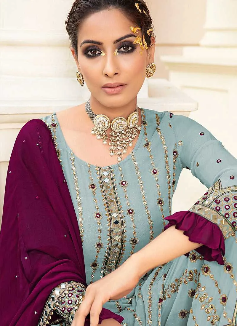 Sky Blue Embroidered Mirror Work Palazzo Style Suit