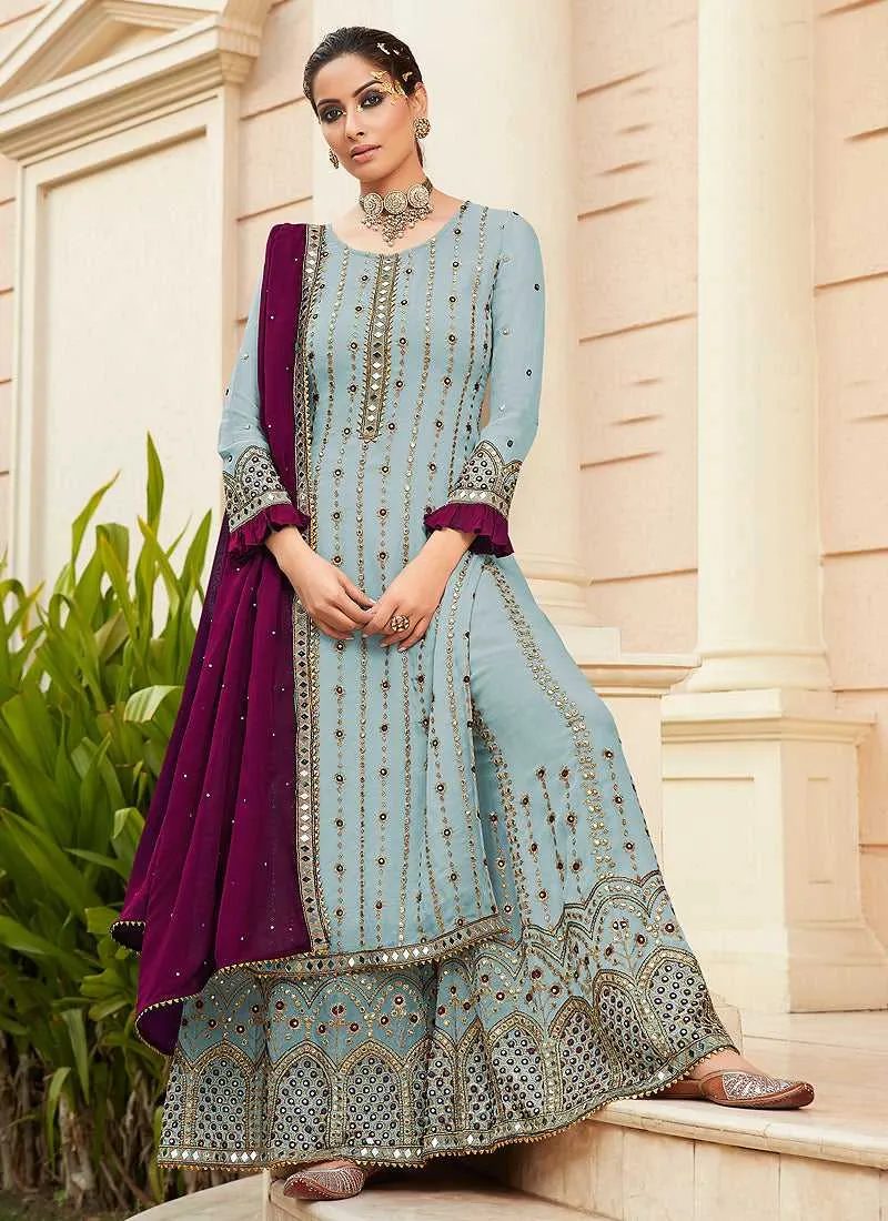 Sky Blue Embroidered Mirror Work Palazzo Style Suit