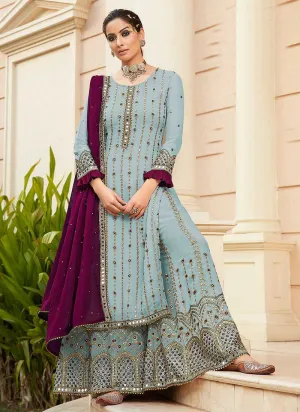 Sky Blue Embroidered Mirror Work Palazzo Style Suit