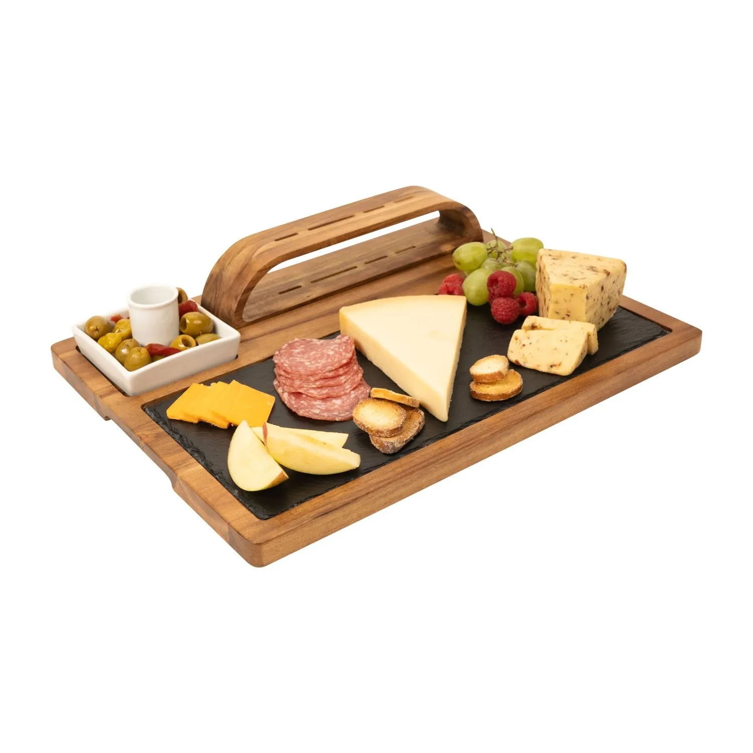 Slate Cheese Board, 12 Piece Charcuterie Set Includes 4 Stainless Steel Cheese Knives, Bigger Acacia Serving Tray with Slate Board, and Wood Tool Holder