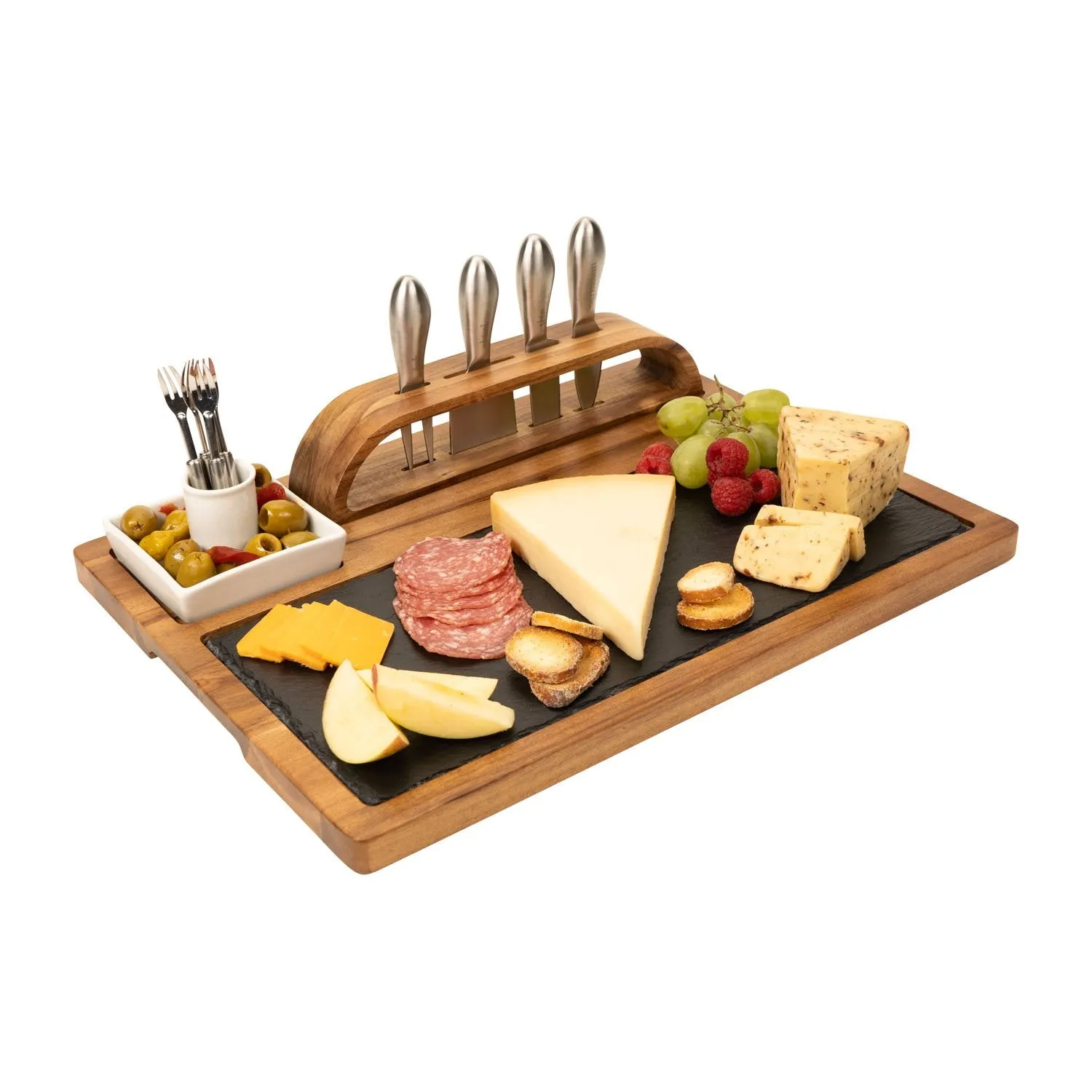 Slate Cheese Board, 12 Piece Charcuterie Set Includes 4 Stainless Steel Cheese Knives, Bigger Acacia Serving Tray with Slate Board, and Wood Tool Holder
