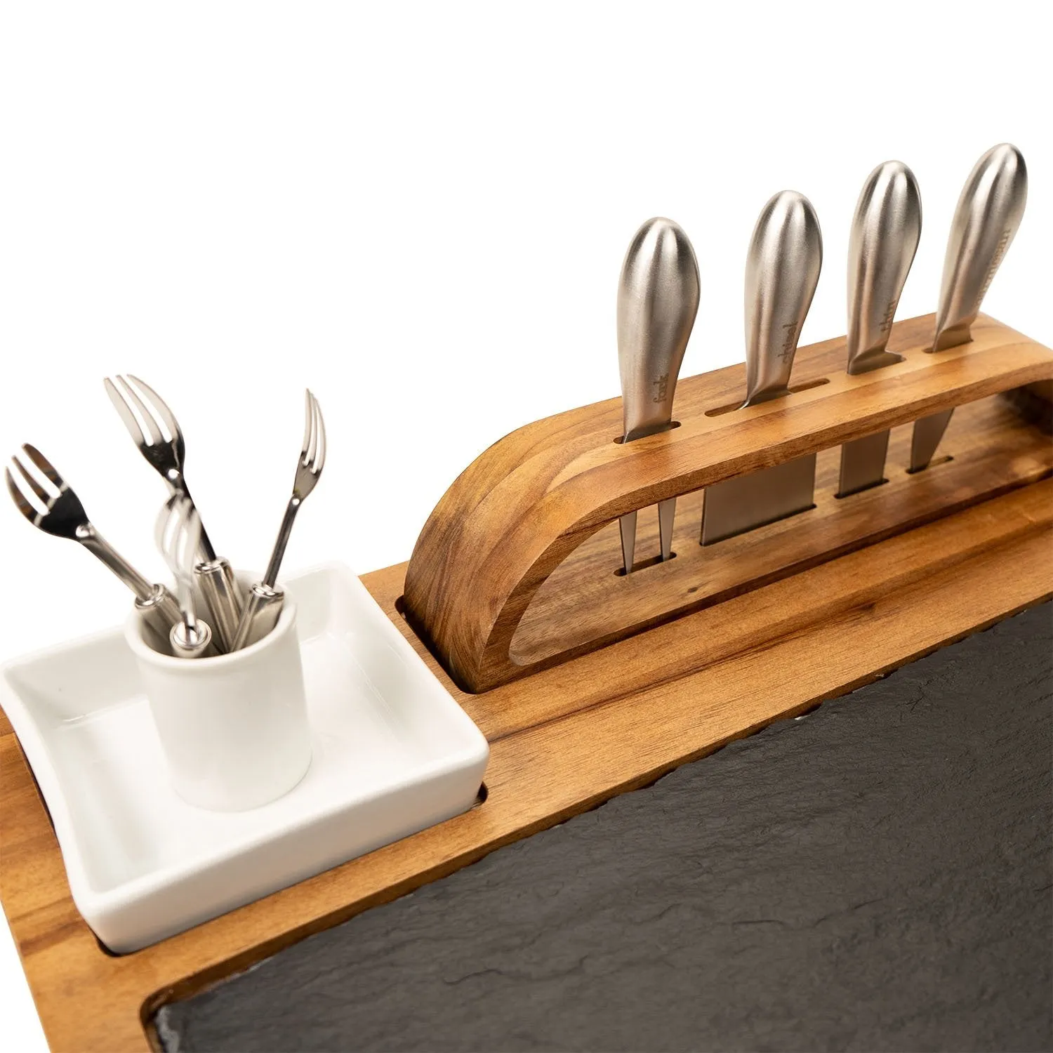 Slate Cheese Board, 12 Piece Charcuterie Set Includes 4 Stainless Steel Cheese Knives, Bigger Acacia Serving Tray with Slate Board, and Wood Tool Holder