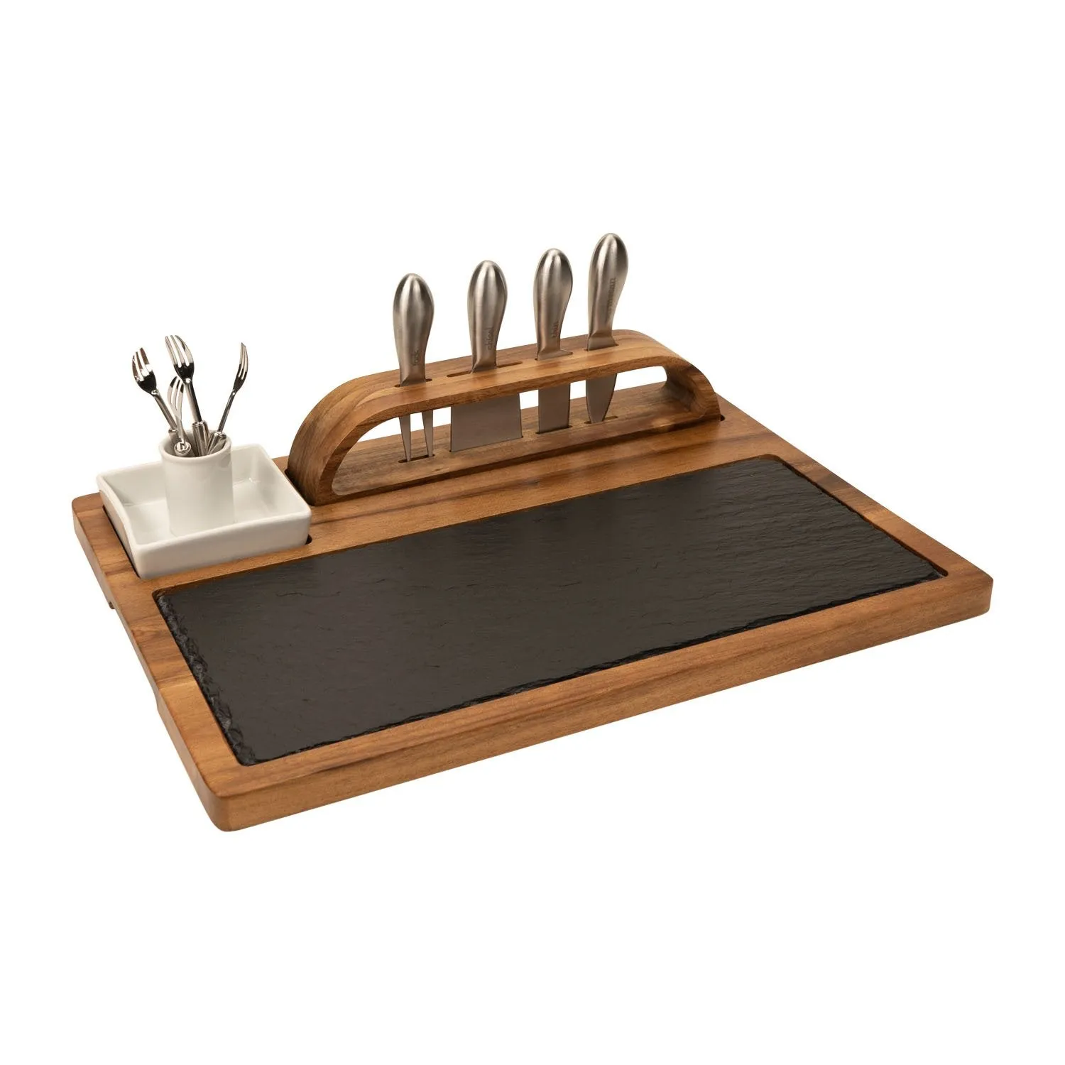 Slate Cheese Board, 12 Piece Charcuterie Set Includes 4 Stainless Steel Cheese Knives, Bigger Acacia Serving Tray with Slate Board, and Wood Tool Holder