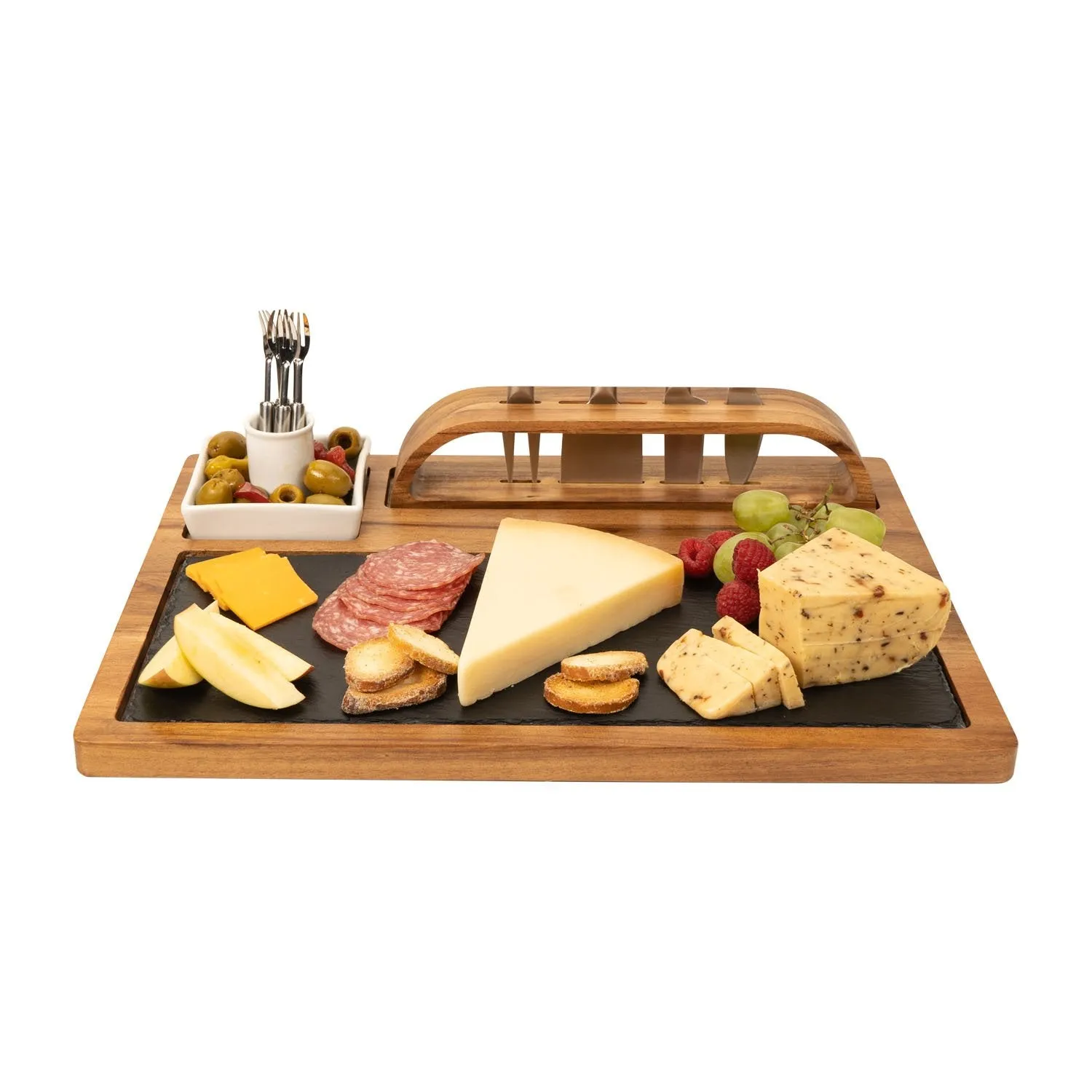 Slate Cheese Board, 12 Piece Charcuterie Set Includes 4 Stainless Steel Cheese Knives, Bigger Acacia Serving Tray with Slate Board, and Wood Tool Holder