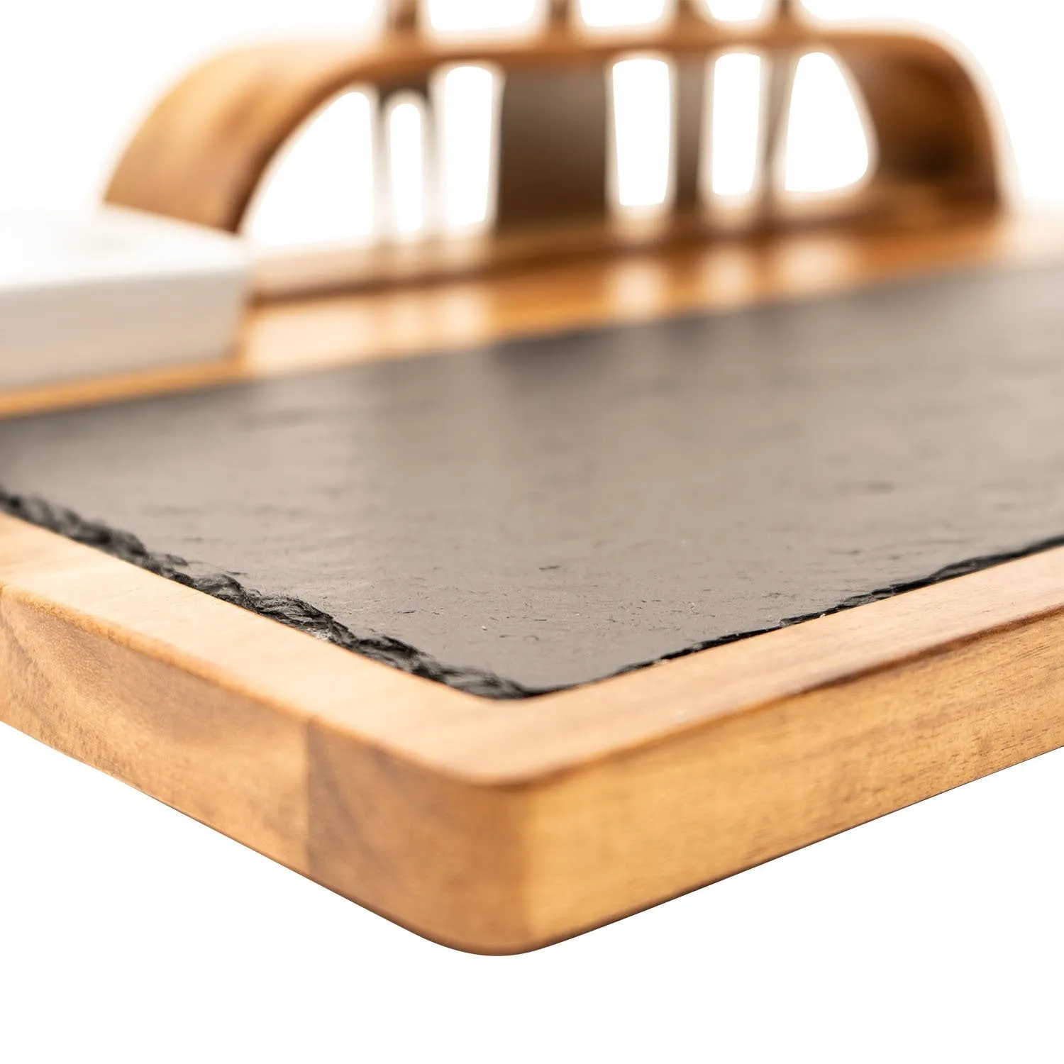 Slate Cheese Board, 12 Piece Charcuterie Set Includes 4 Stainless Steel Cheese Knives, Bigger Acacia Serving Tray with Slate Board, and Wood Tool Holder