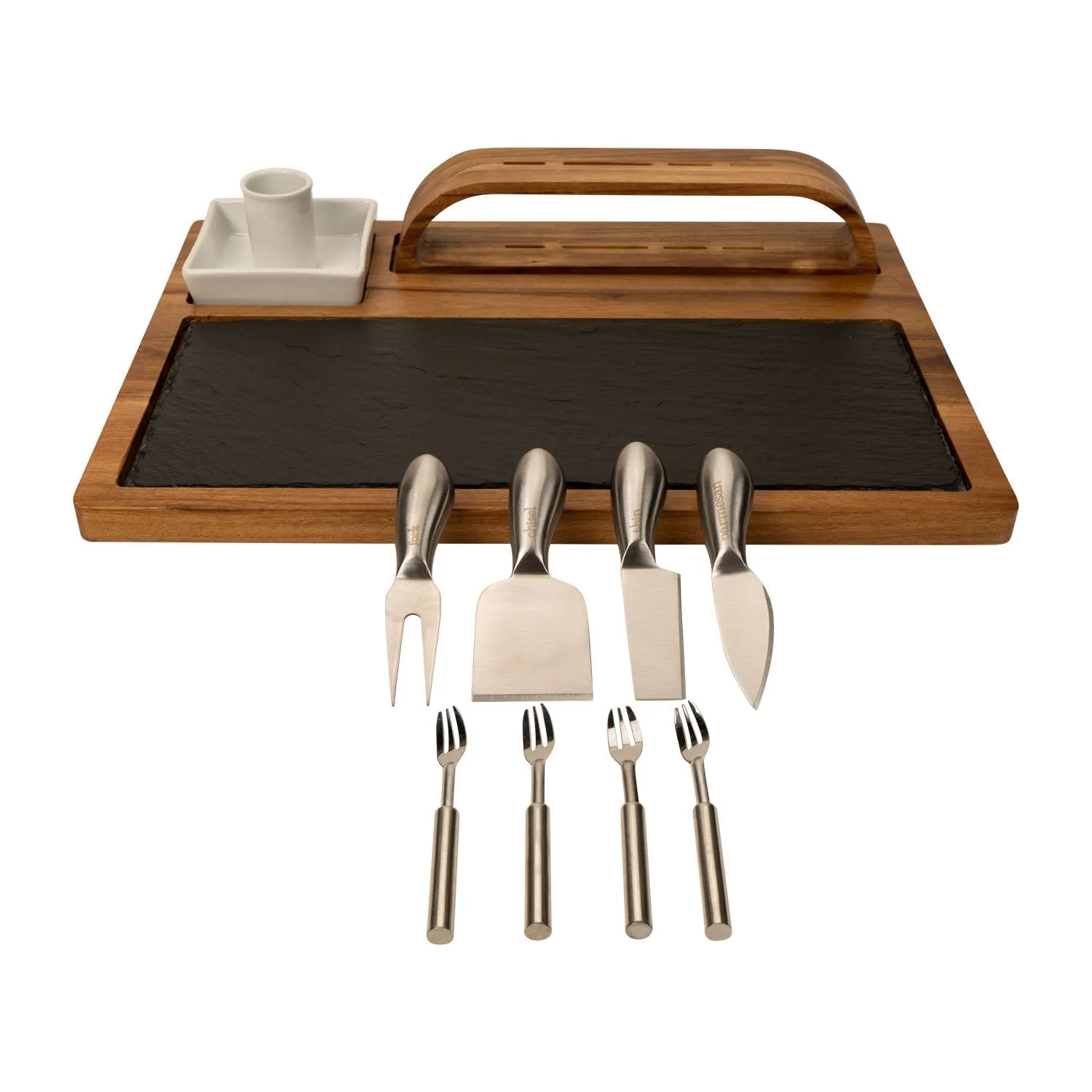 Slate Cheese Board, 12 Piece Charcuterie Set Includes 4 Stainless Steel Cheese Knives, Bigger Acacia Serving Tray with Slate Board, and Wood Tool Holder