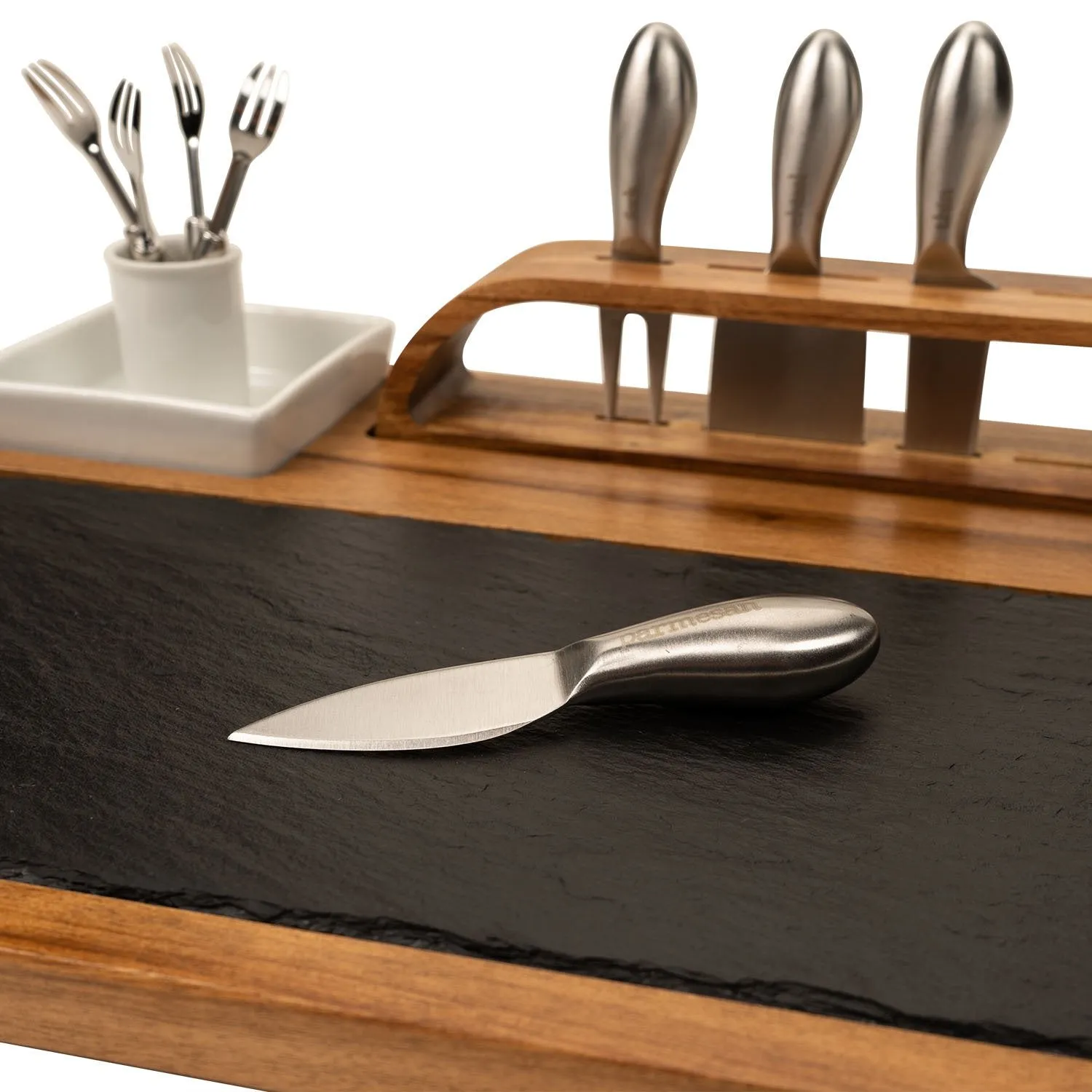 Slate Cheese Board, 12 Piece Charcuterie Set Includes 4 Stainless Steel Cheese Knives, Bigger Acacia Serving Tray with Slate Board, and Wood Tool Holder