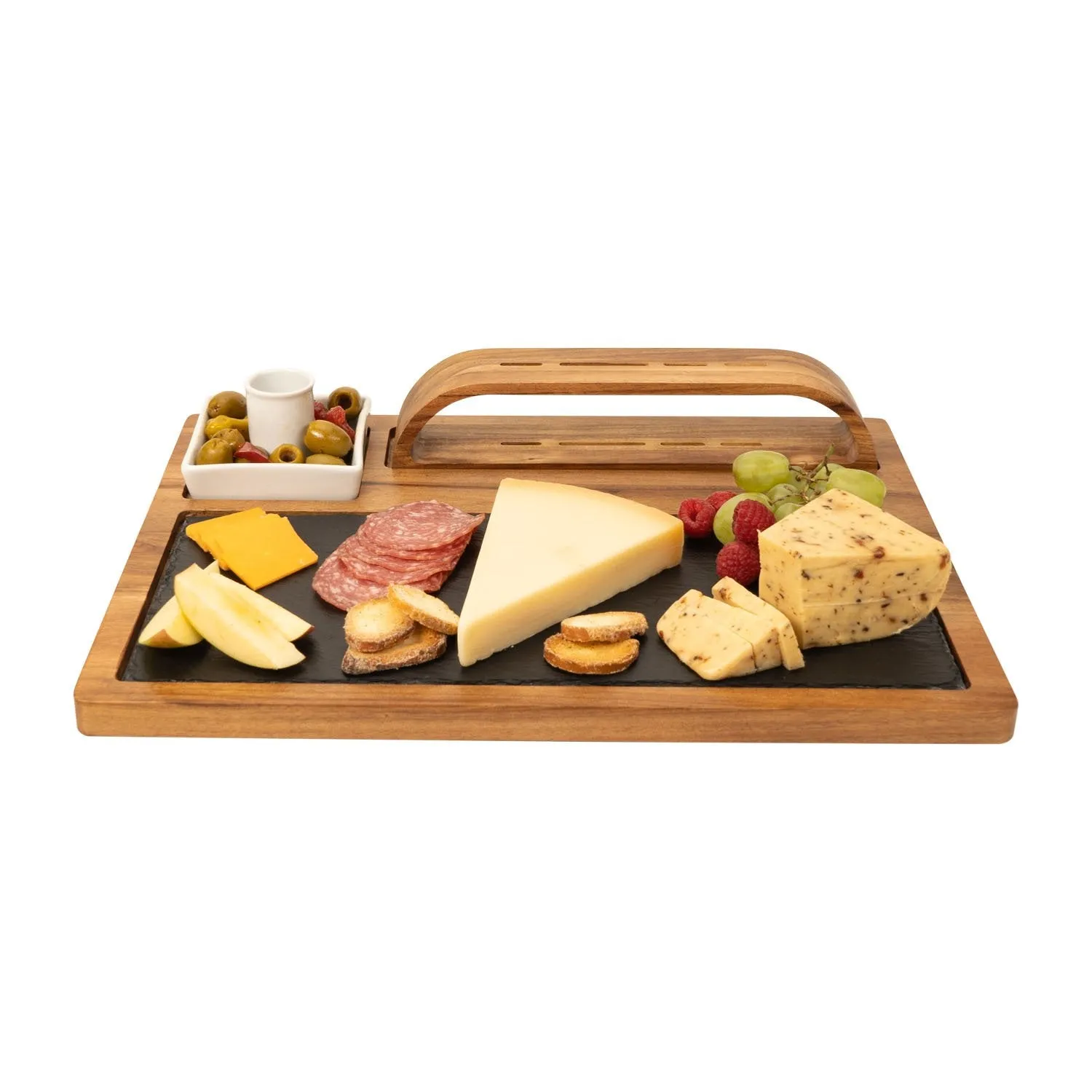 Slate Cheese Board, 12 Piece Charcuterie Set Includes 4 Stainless Steel Cheese Knives, Bigger Acacia Serving Tray with Slate Board, and Wood Tool Holder