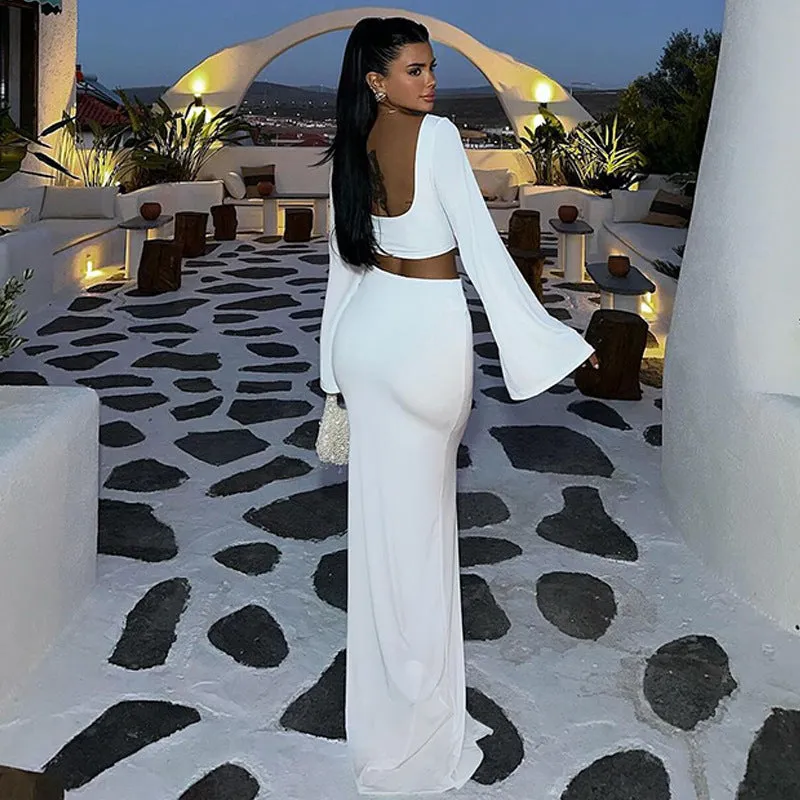 Sleek Allure Bell-Sleeve Crop Top and Slit Skirt Ensemble