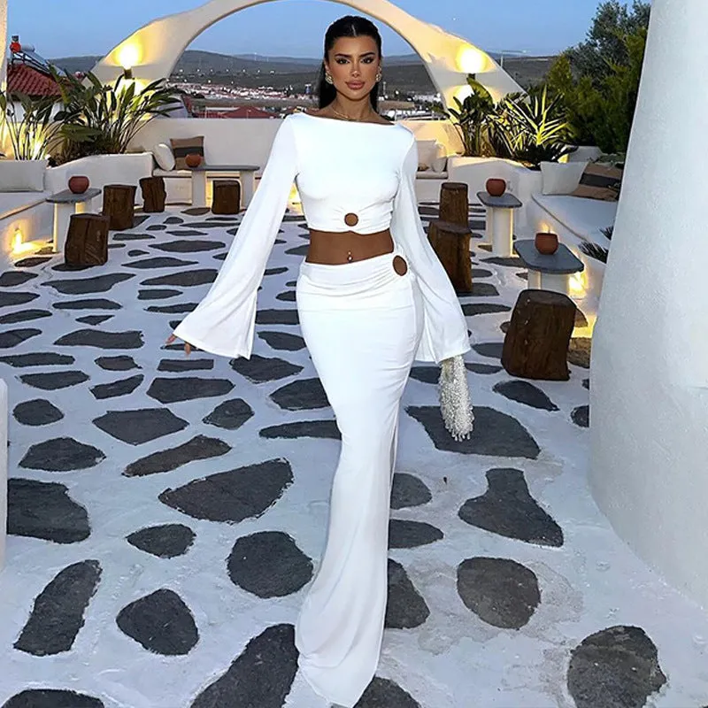Sleek Allure Bell-Sleeve Crop Top and Slit Skirt Ensemble