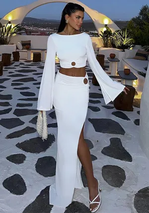 Sleek Allure Bell-Sleeve Crop Top and Slit Skirt Ensemble