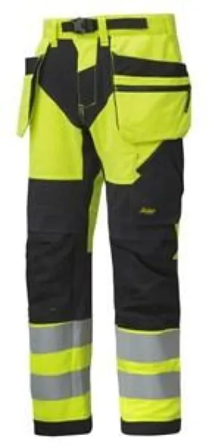 Snickers FlexiWork High Visibility Work Trousers with Holster Pockets - Class 2, Lightweight and Flexible