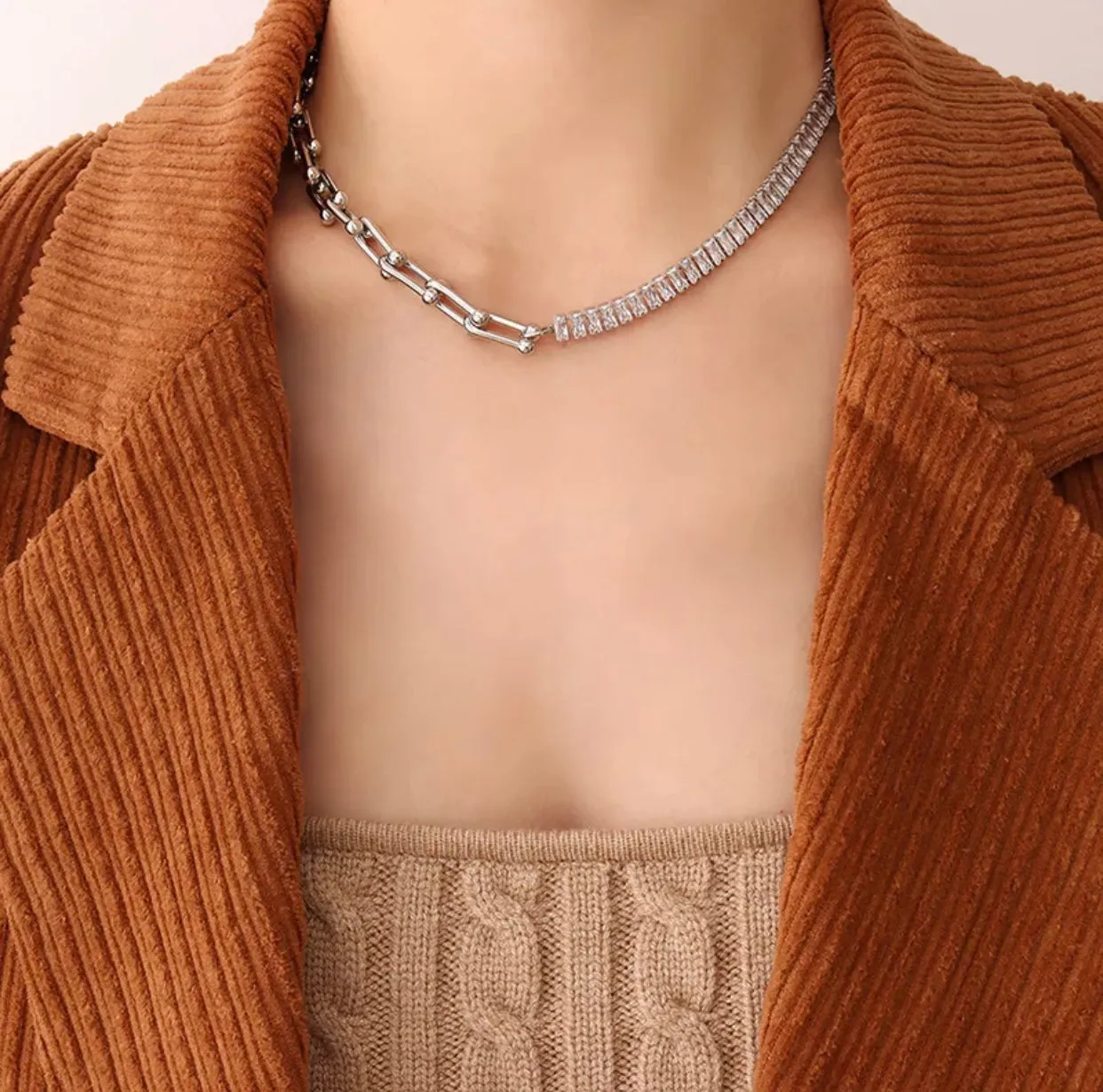 Stainless Steel Tiffany Style Links and Baguette Zircon Necklace | Erika Williner Designs