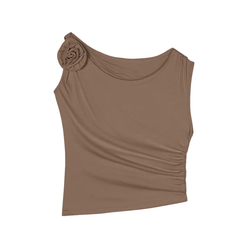 Stella Solid Color Three-Dimensional Floral Slanted Off-the-Shoulder Pleated Slim Cropped Top