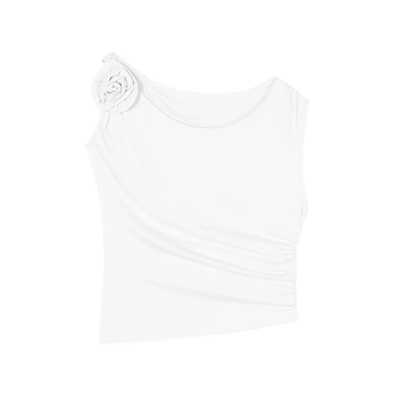 Stella Solid Color Three-Dimensional Floral Slanted Off-the-Shoulder Pleated Slim Cropped Top
