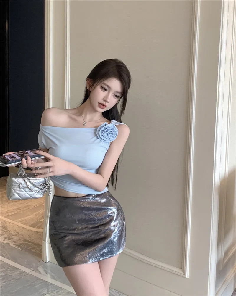 Stella Solid Color Three-Dimensional Floral Slanted Off-the-Shoulder Pleated Slim Cropped Top