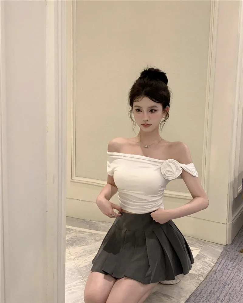 Stella Solid Color Three-Dimensional Floral Slanted Off-the-Shoulder Pleated Slim Cropped Top