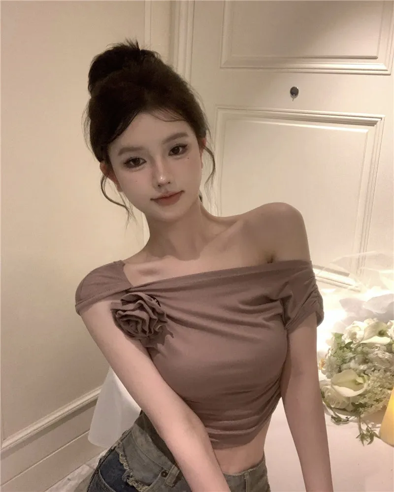 Stella Solid Color Three-Dimensional Floral Slanted Off-the-Shoulder Pleated Slim Cropped Top