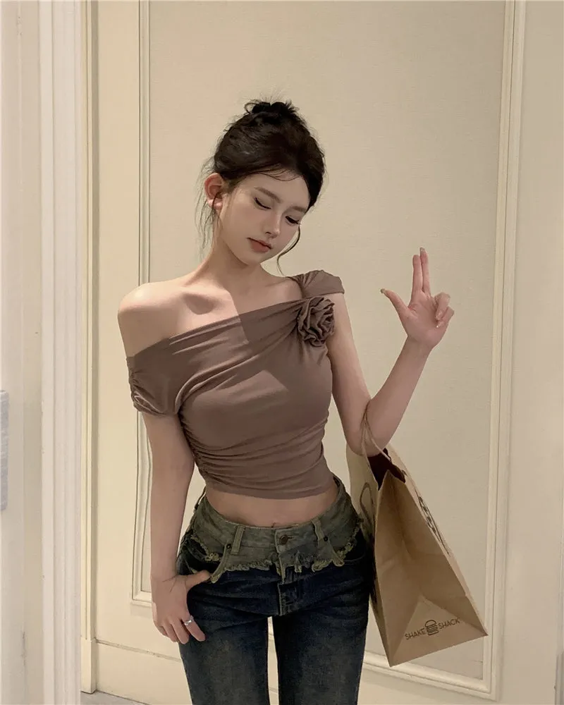 Stella Solid Color Three-Dimensional Floral Slanted Off-the-Shoulder Pleated Slim Cropped Top