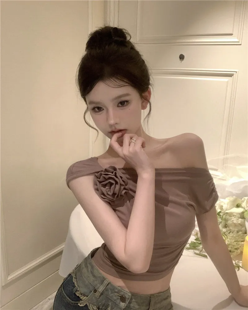 Stella Solid Color Three-Dimensional Floral Slanted Off-the-Shoulder Pleated Slim Cropped Top