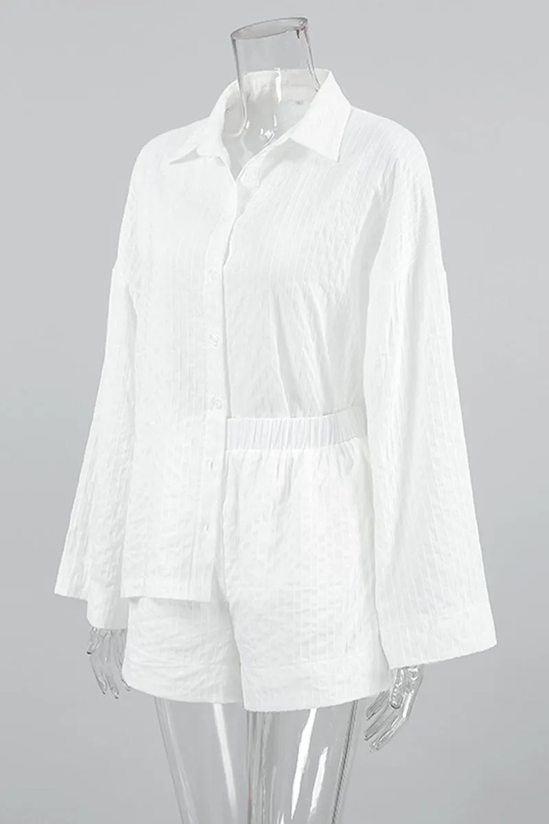 Street Daily Jacquard Solid Color Pocket Buttons Turndown Collar Long Sleeve Two Pieces