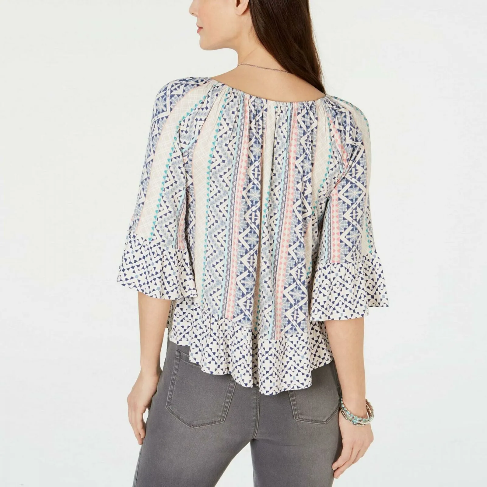 Style & Co. Women's Petite Geo Convertible Ruffle Hem Blouse