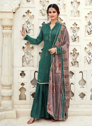 Teal Silk Work Embroidered Gharara Style Suit