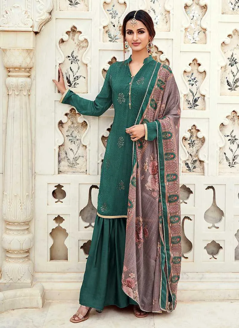 Teal Silk Work Embroidered Gharara Style Suit