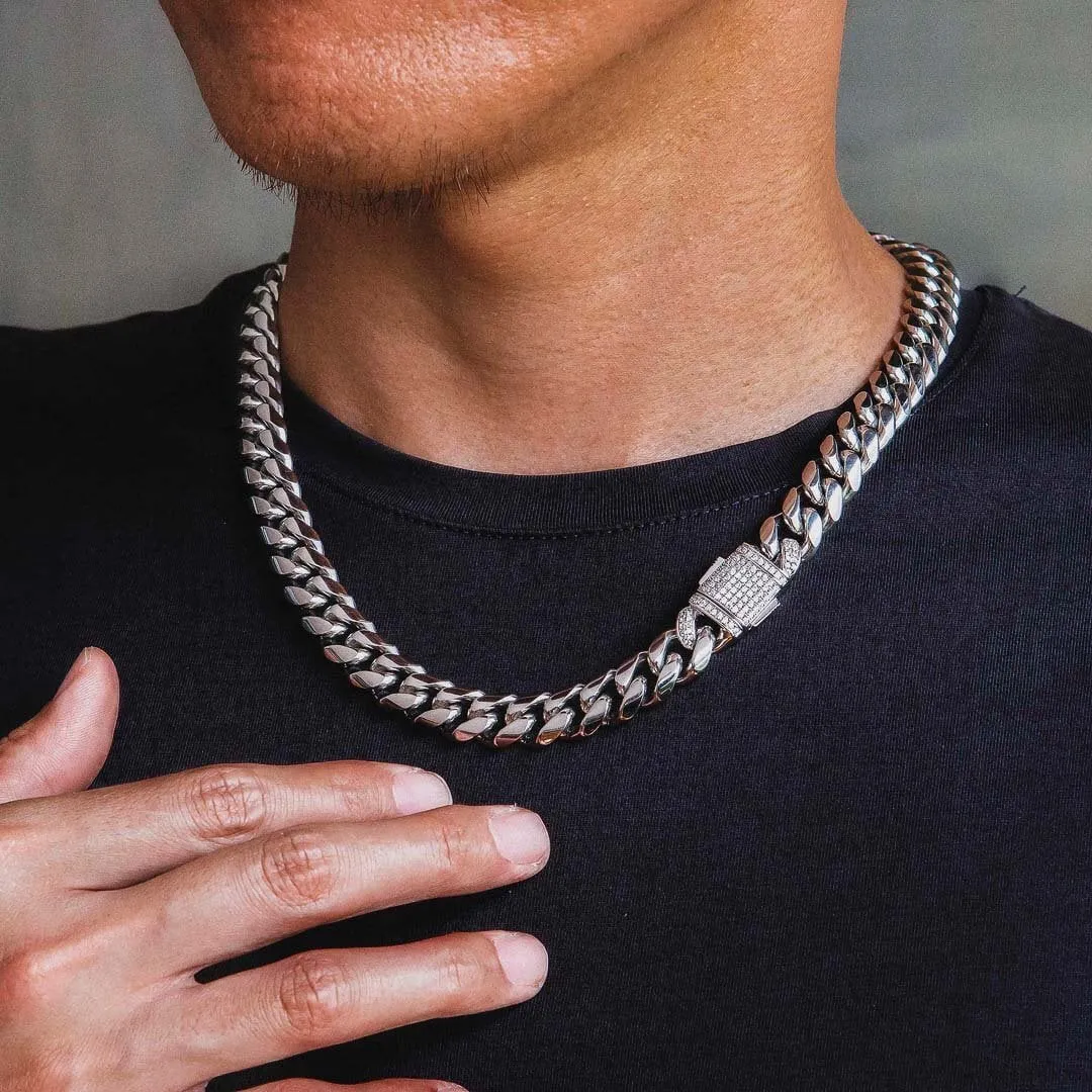 The Stormtrooper® - 12mm Iced Miami Cuban Link Chain White Gold Plated with CZ Clasp