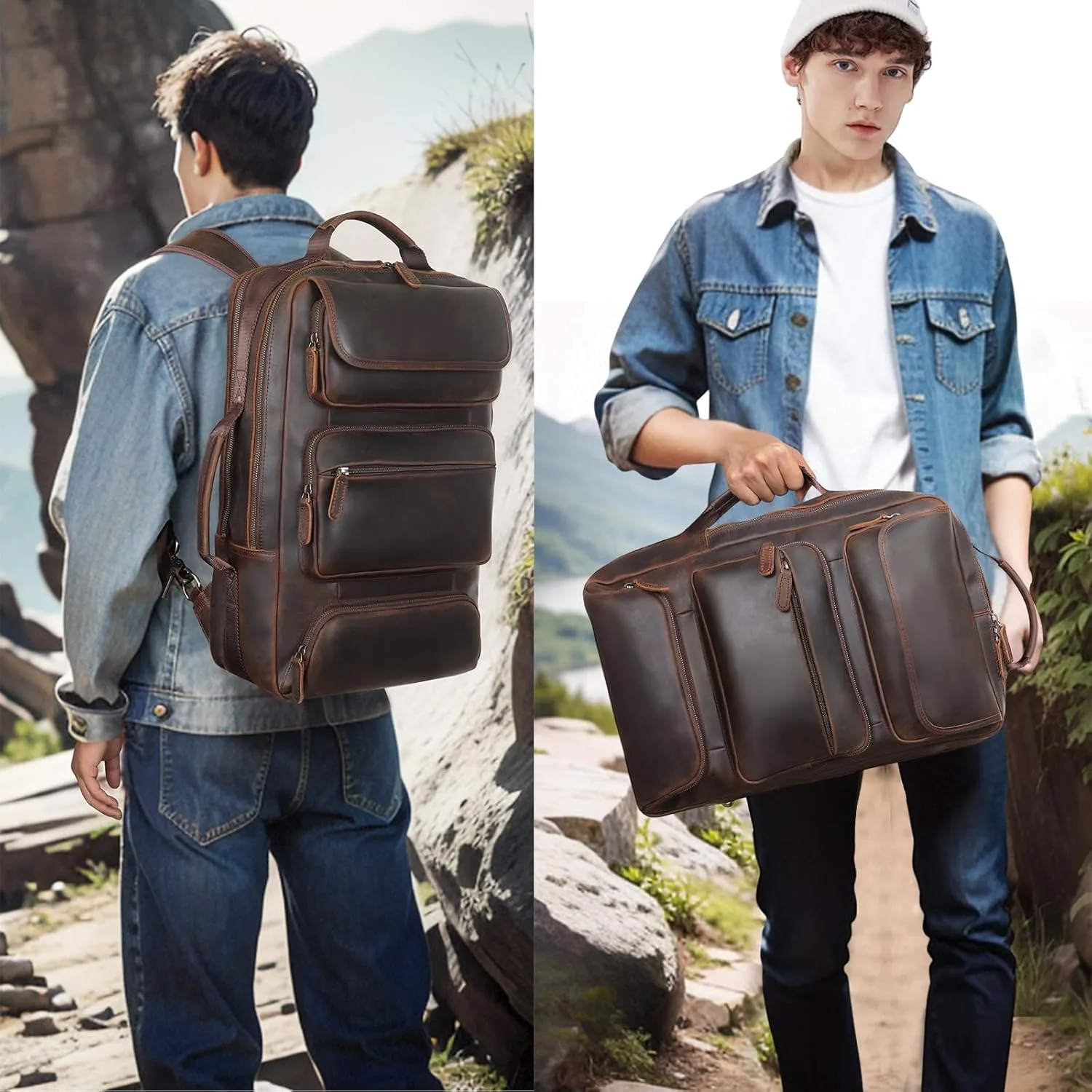 TIDING Vintage Full Grain Leather 16" Laptop Backpack for Men Convertible Briefcase Backpack