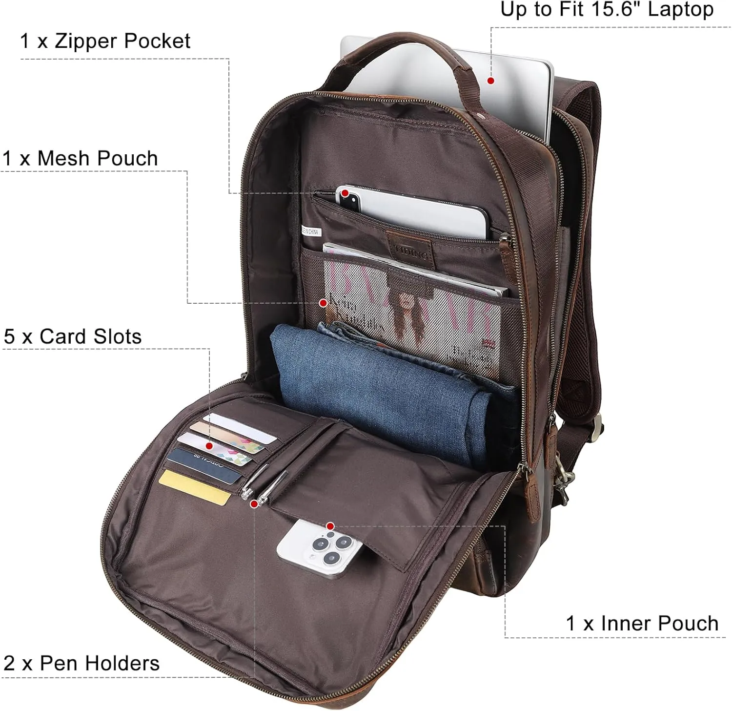 TIDING Vintage Full Grain Leather 16" Laptop Backpack for Men Convertible Briefcase Backpack