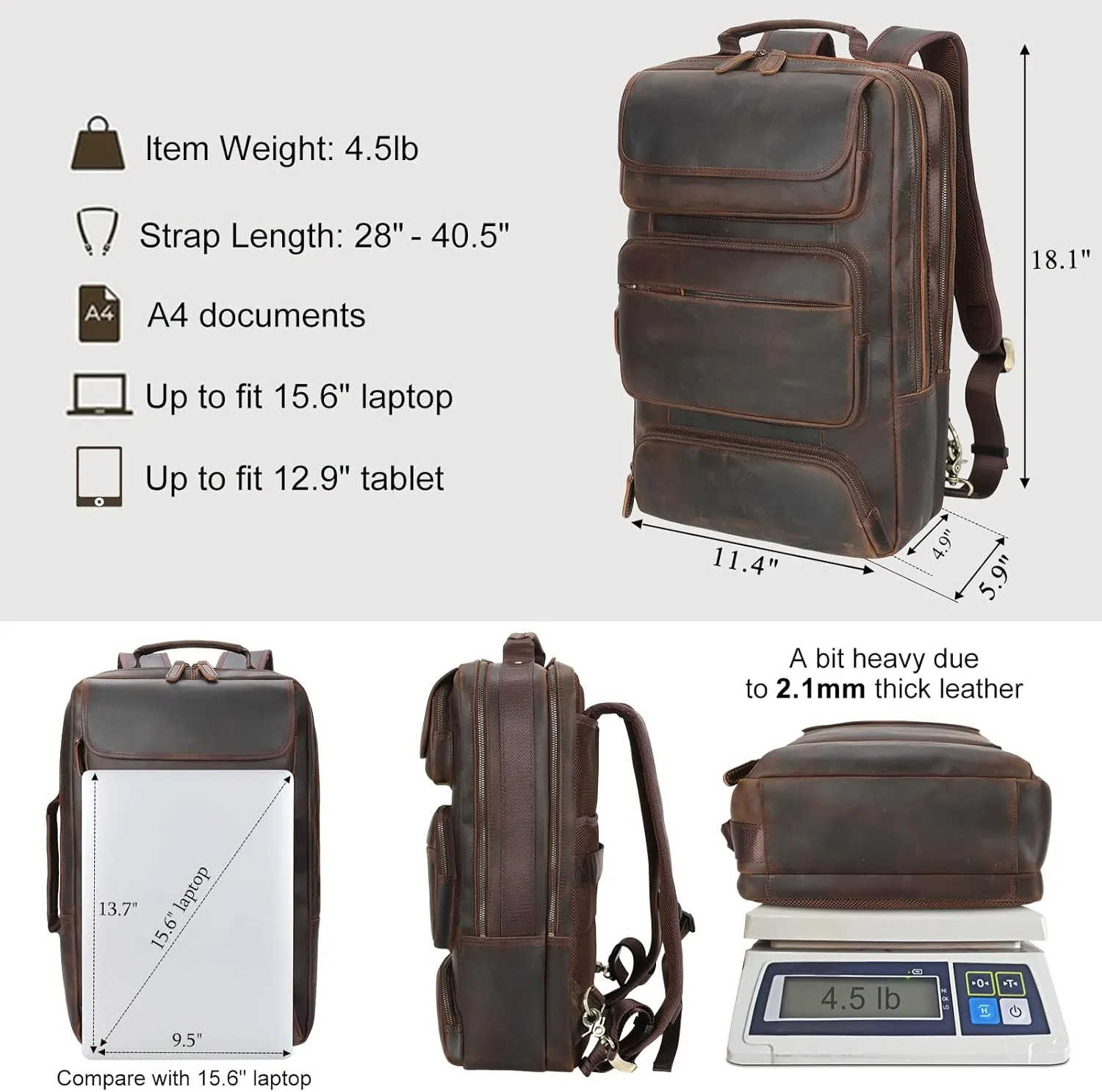 TIDING Vintage Full Grain Leather 16" Laptop Backpack for Men Convertible Briefcase Backpack