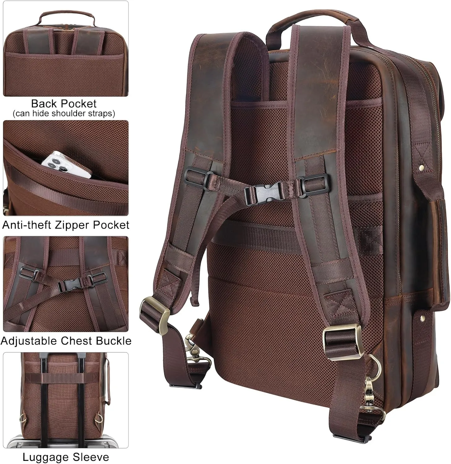 TIDING Vintage Full Grain Leather 16" Laptop Backpack for Men Convertible Briefcase Backpack