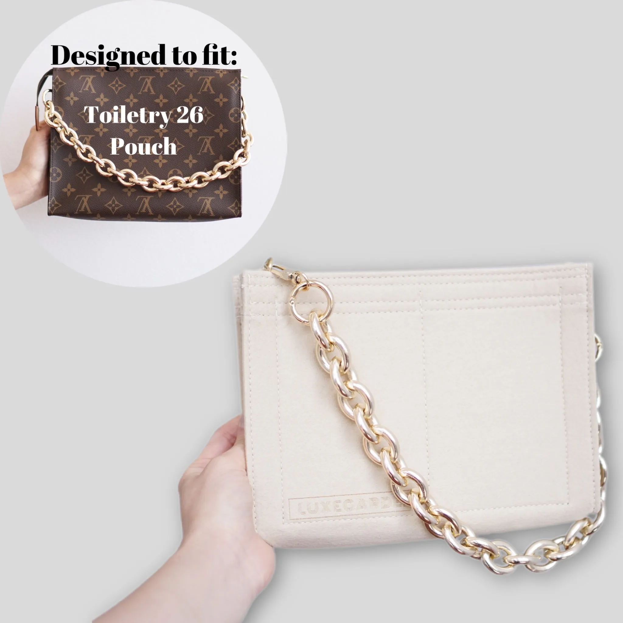 Toiletry Pouch 26 Crossbody Conversion Kit with Bag Organizer Insert and Chunky Oval Gold Chain Strap