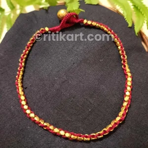 Tribal Anklet with Embedded Brass Beads in Red Thread