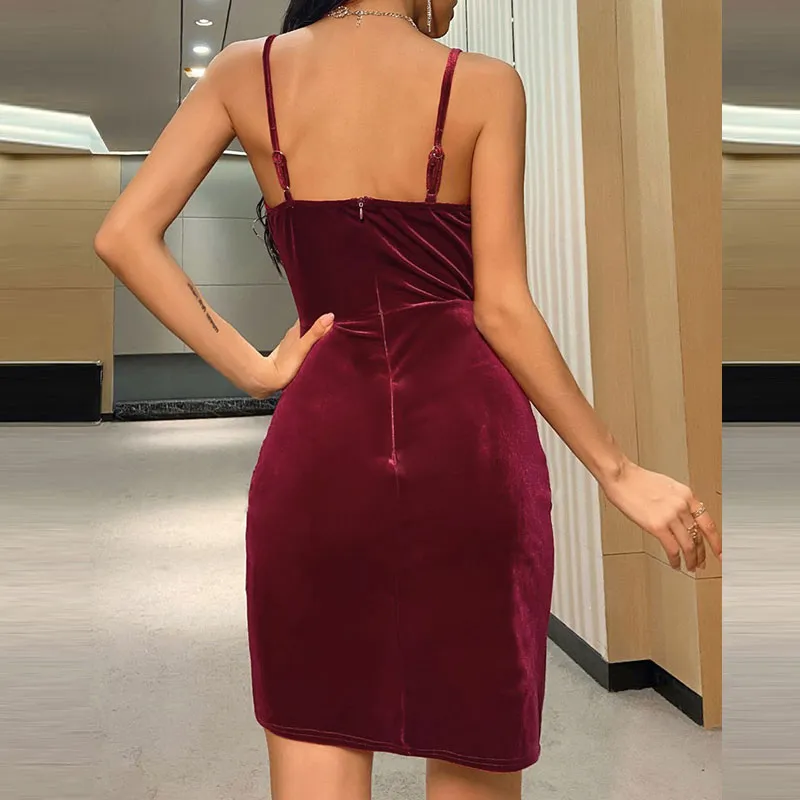Velvet Sleeveless Spaghetti Strap Ruched Bodycon Dress